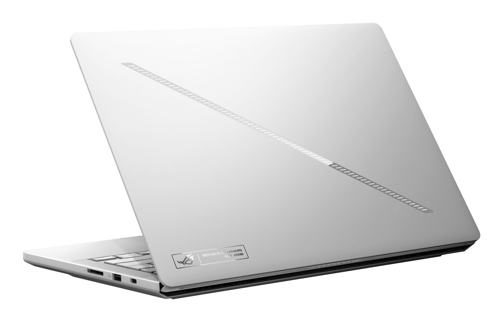Silberner Laptop im geschlossenen Zustand mit schraegem LED-Streifen auf dem Deckel gegen weissen Hintergrund.