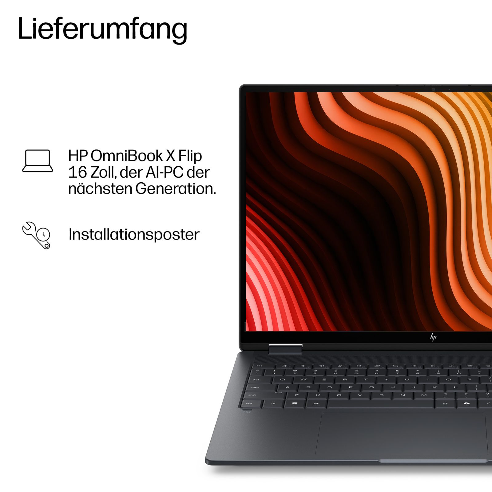 HP OmniBook X Flip 16 Zoll Laptop und Installationsposter.