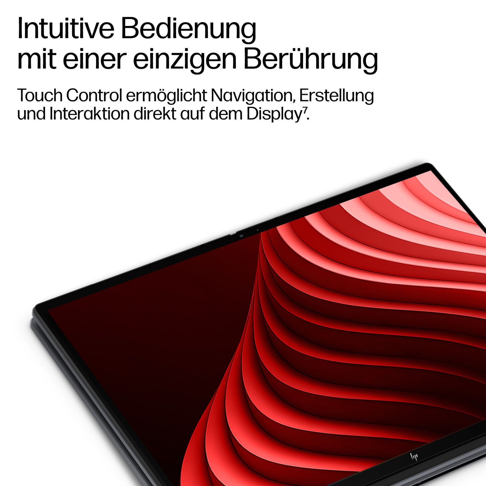 Ein Laptop zeigt ein rotes, wellenförmiges Grafikmuster auf dem Bildschirm, begleitet von deutschem Werbetext.