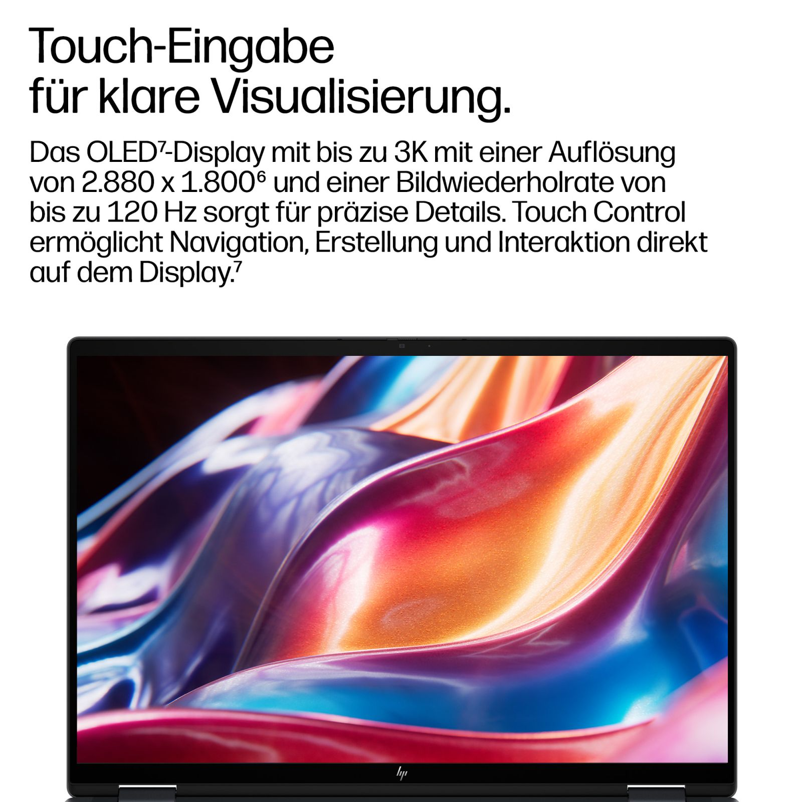 Laptop mit OLED-Touch-Display und farbenfrohem abstrakten Hintergrund sowie deutscher Beschreibung.