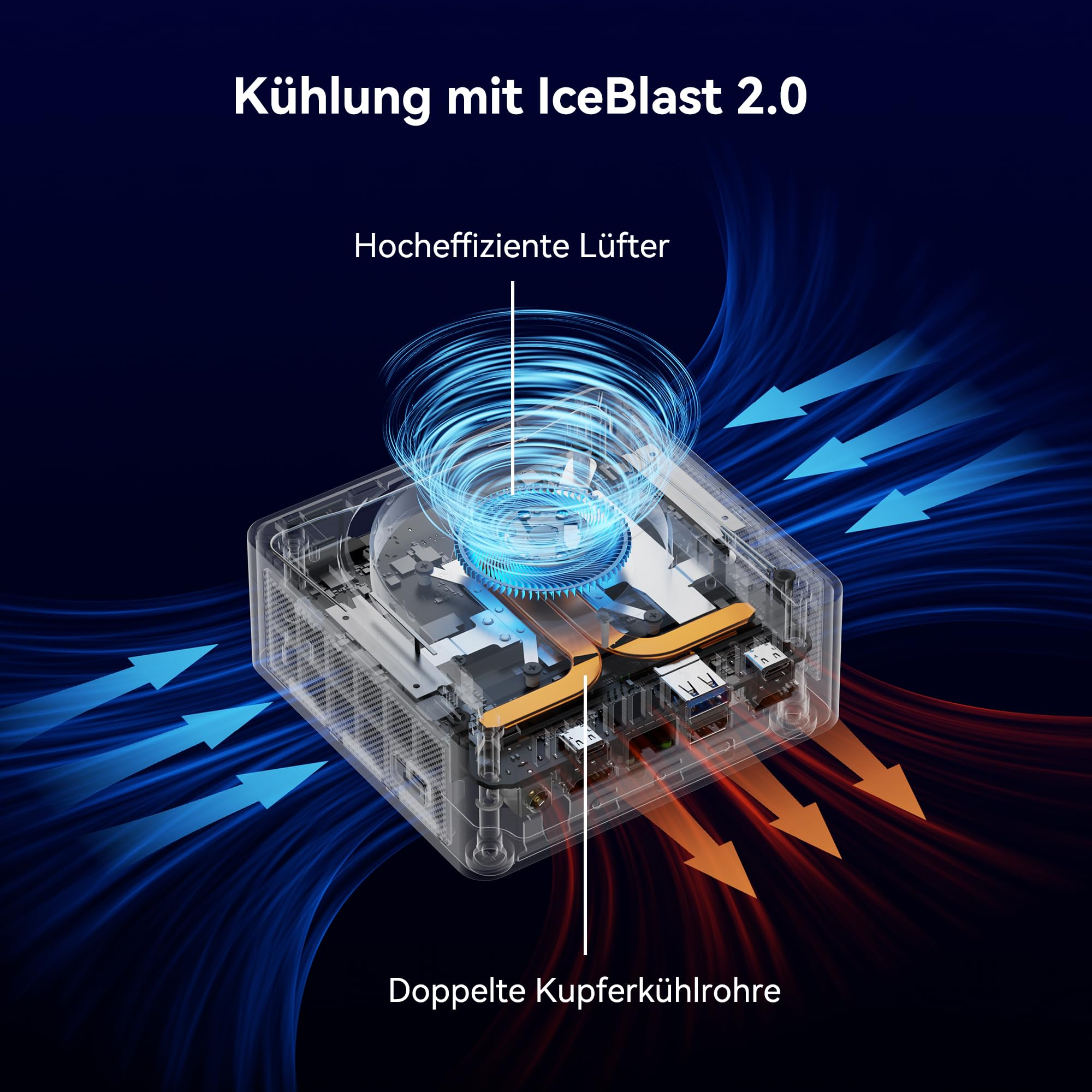 Système de refroidissement de mini PC avec flux d'air bleu, ventilateur et tubes en cuivre.