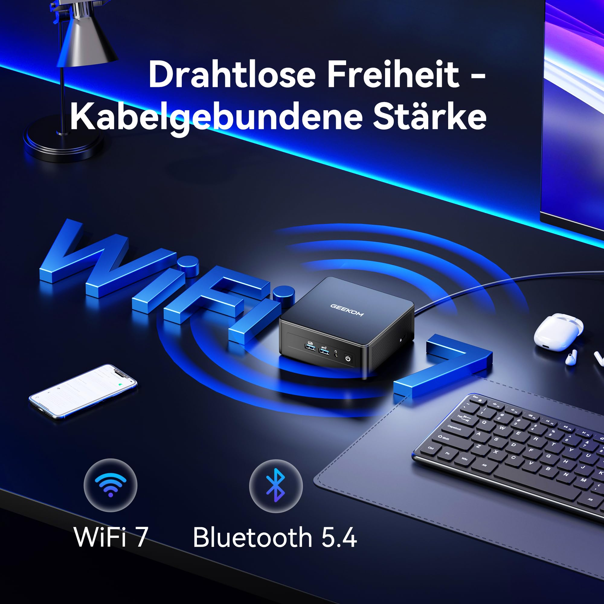 Un mini PC compact sur un bureau avec WiFi 7 et Bluetooth 5.4, entouré d'un téléphone, d'un clavier et de texte bleu.