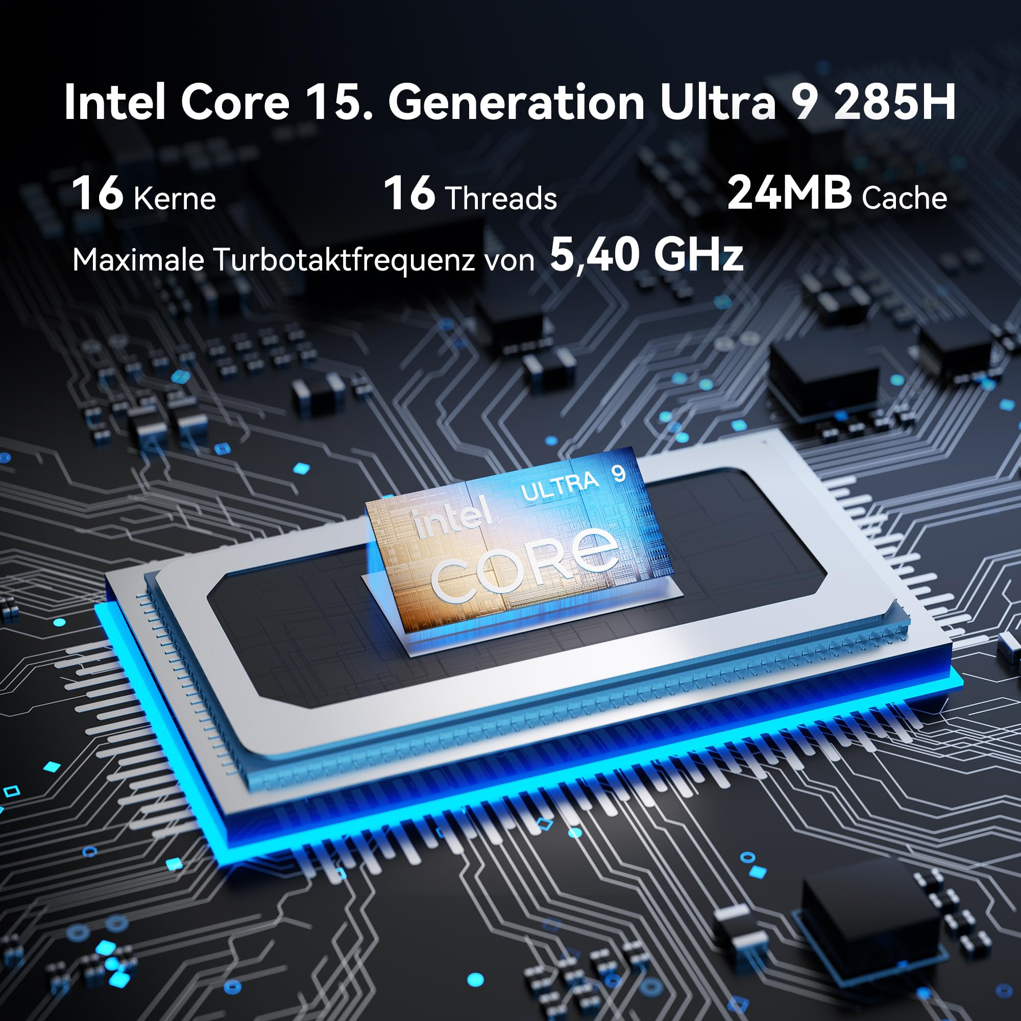 Un processeur Intel Core Ultra 9 285H sur un circuit imprimé, avec 16 cœurs et 5,40 GHz.