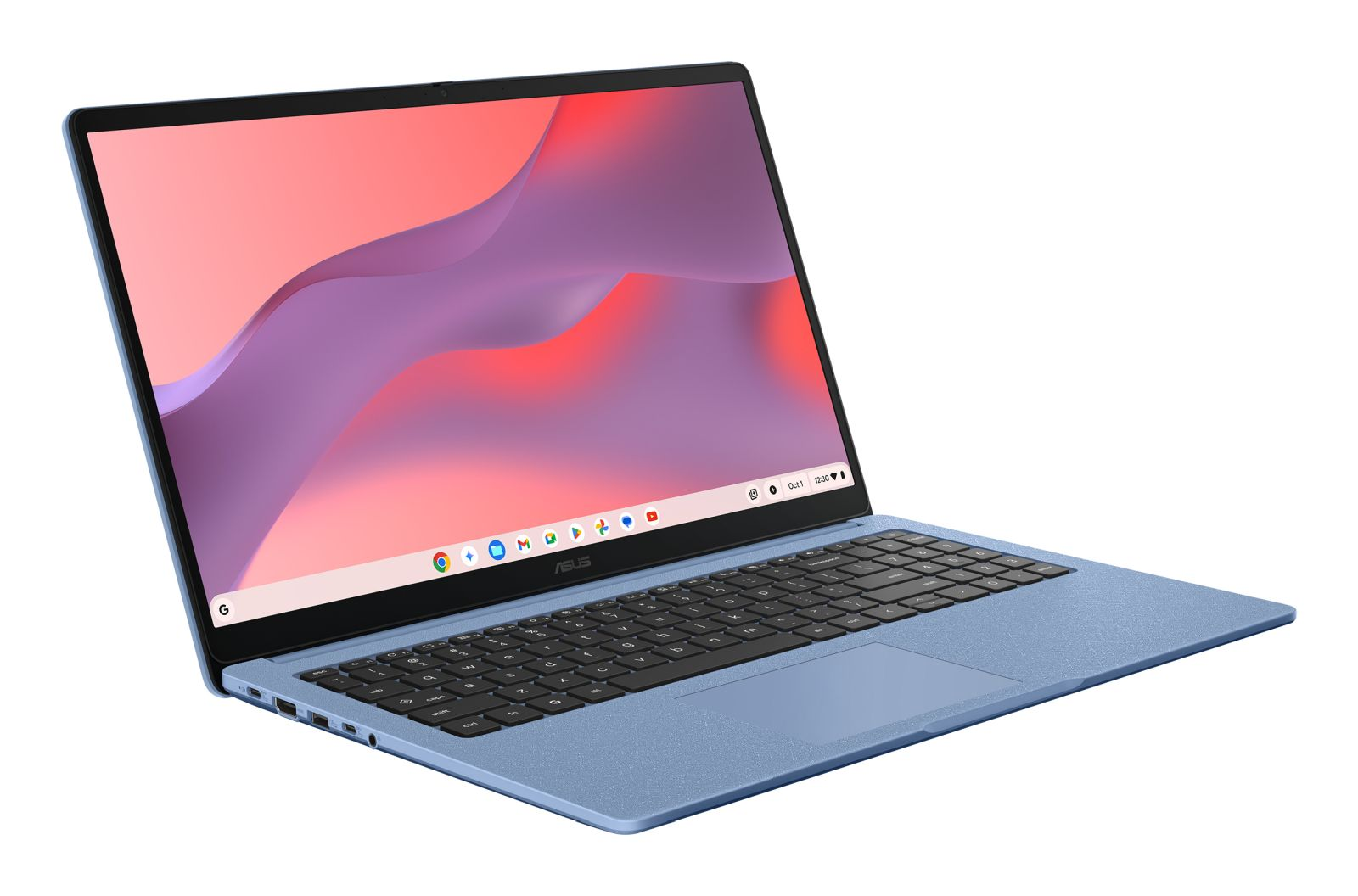 Ein blauer Asus-Laptop mit schwarzer Tastatur und einem Bildschirm, der ein abstraktes rot-violettes Bild zeigt.