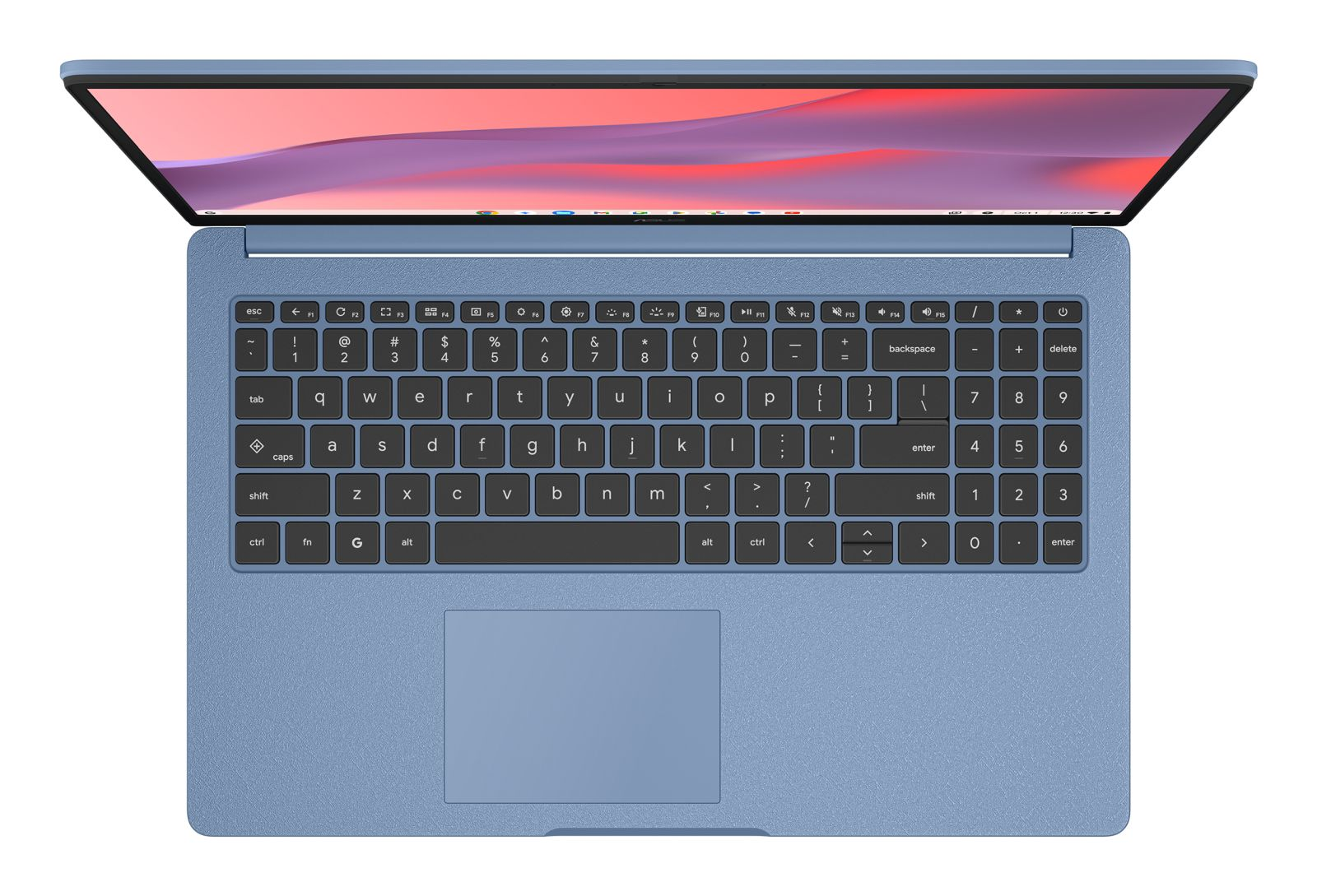 Ansicht von oben eines blauen Laptops mit schwarzer Tastatur, Ziffernblock und rosa-lila abstrakter Tapete.