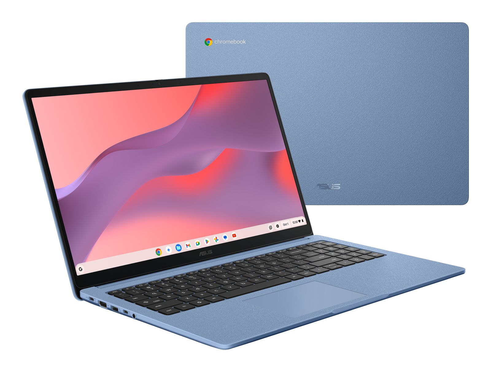 Ein blauer ASUS Chromebook Laptop ist geöffnet mit buntem Hintergrund, der geschlossene Deckel steht dahinter.