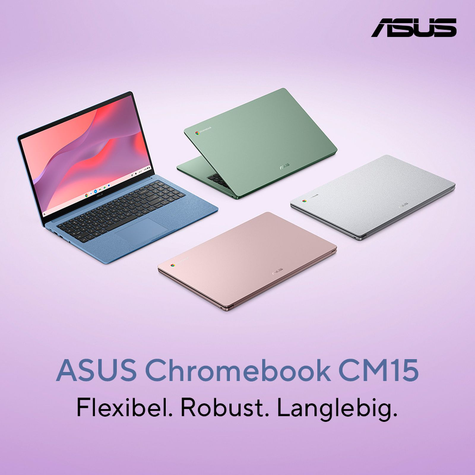 Vier ASUS Chromebook CM15 Laptops in verschiedenen Farben auf lila Hintergrund mit Text.