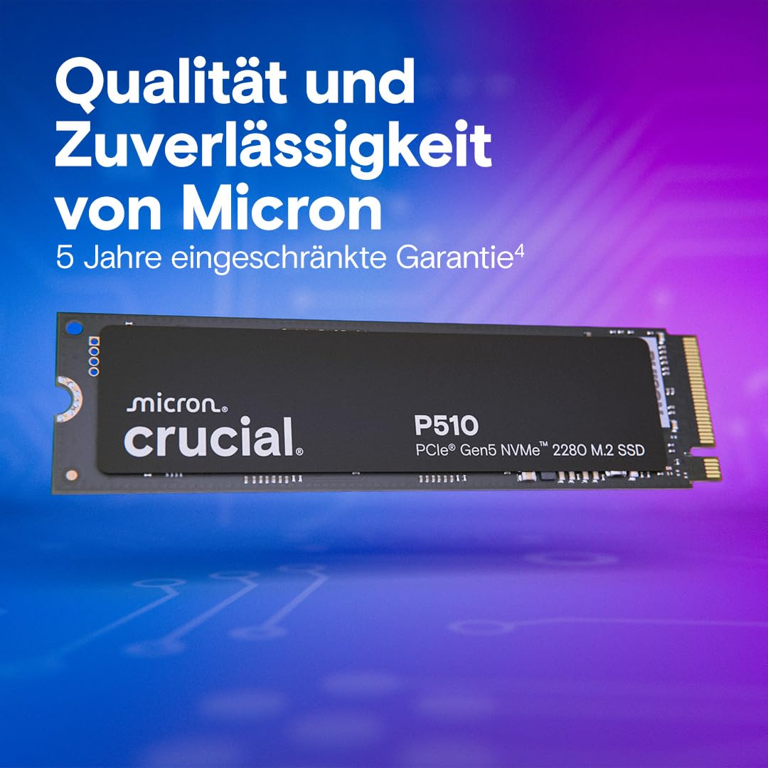 SSD Crucial P510 di Micron su sfondo sfumato blu e viola con testo in tedesco.
