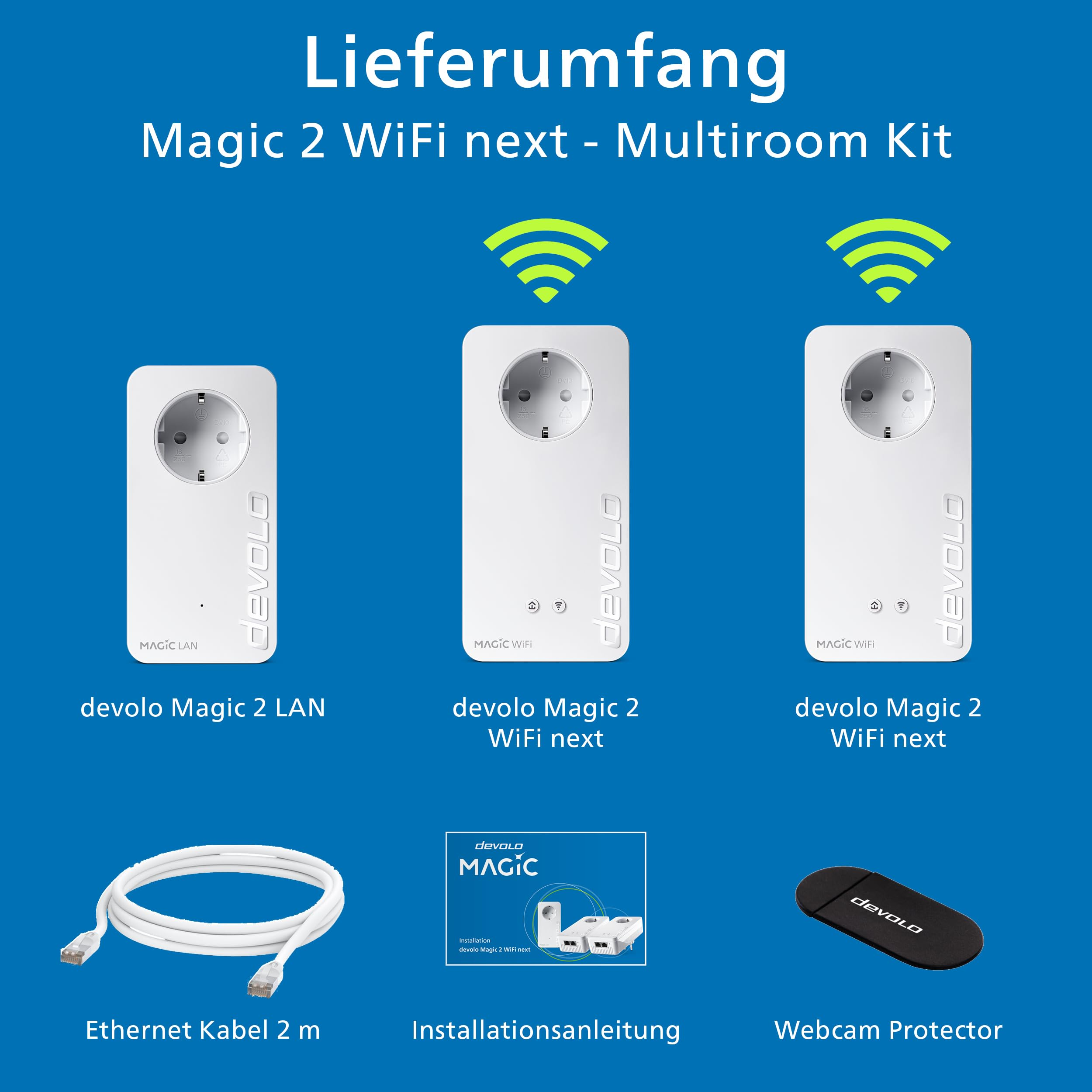 Contenuto del kit Develo Magic 2 Multiroom con adattatore LAN, due adattatori WiFi, cavo, manuale e copri webcam.