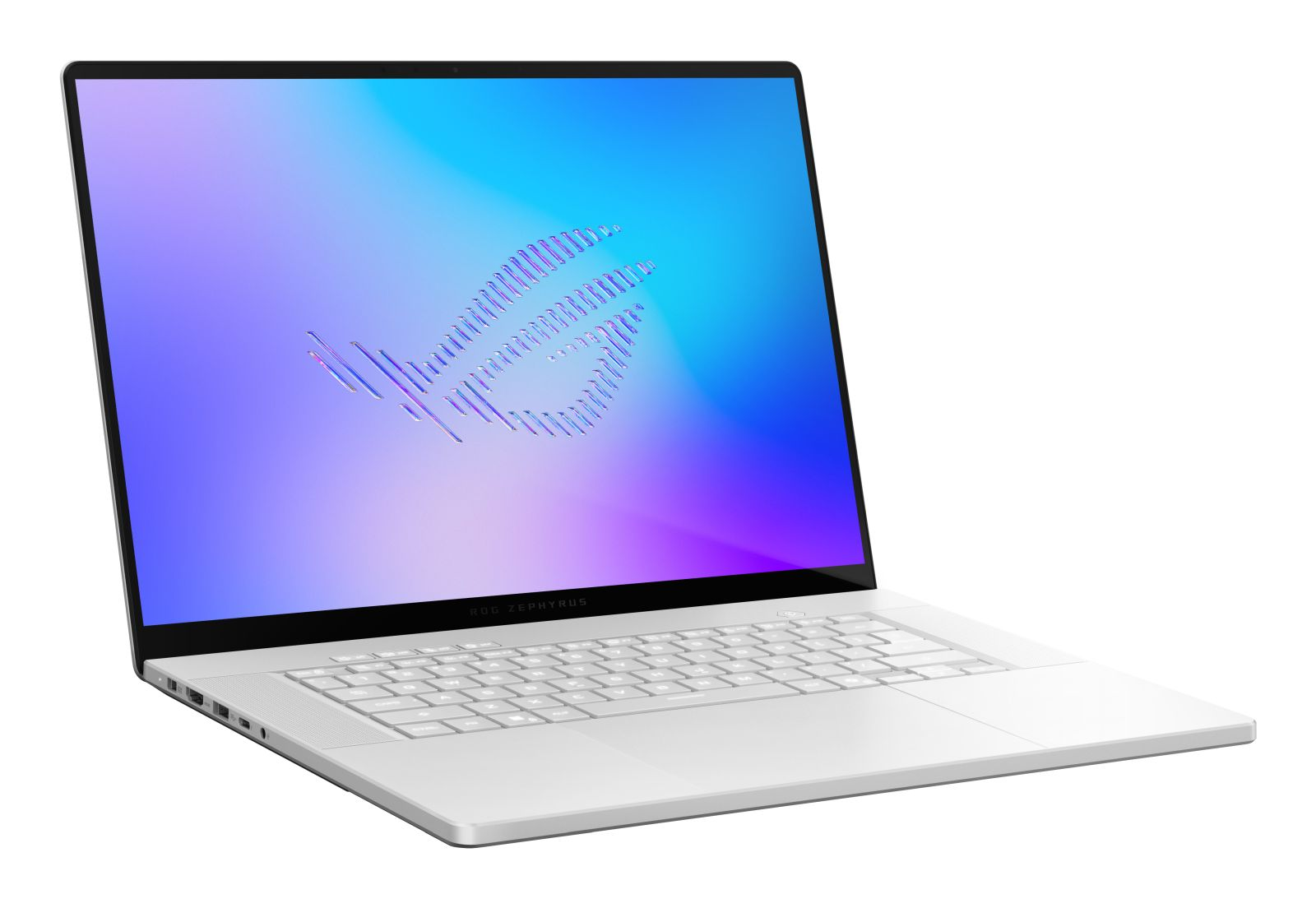 Ein silberner Laptop mit weißer Tastatur und einem blauen Bildschirm, der das ROG-Logo zeigt, isoliert auf weißem Grund.