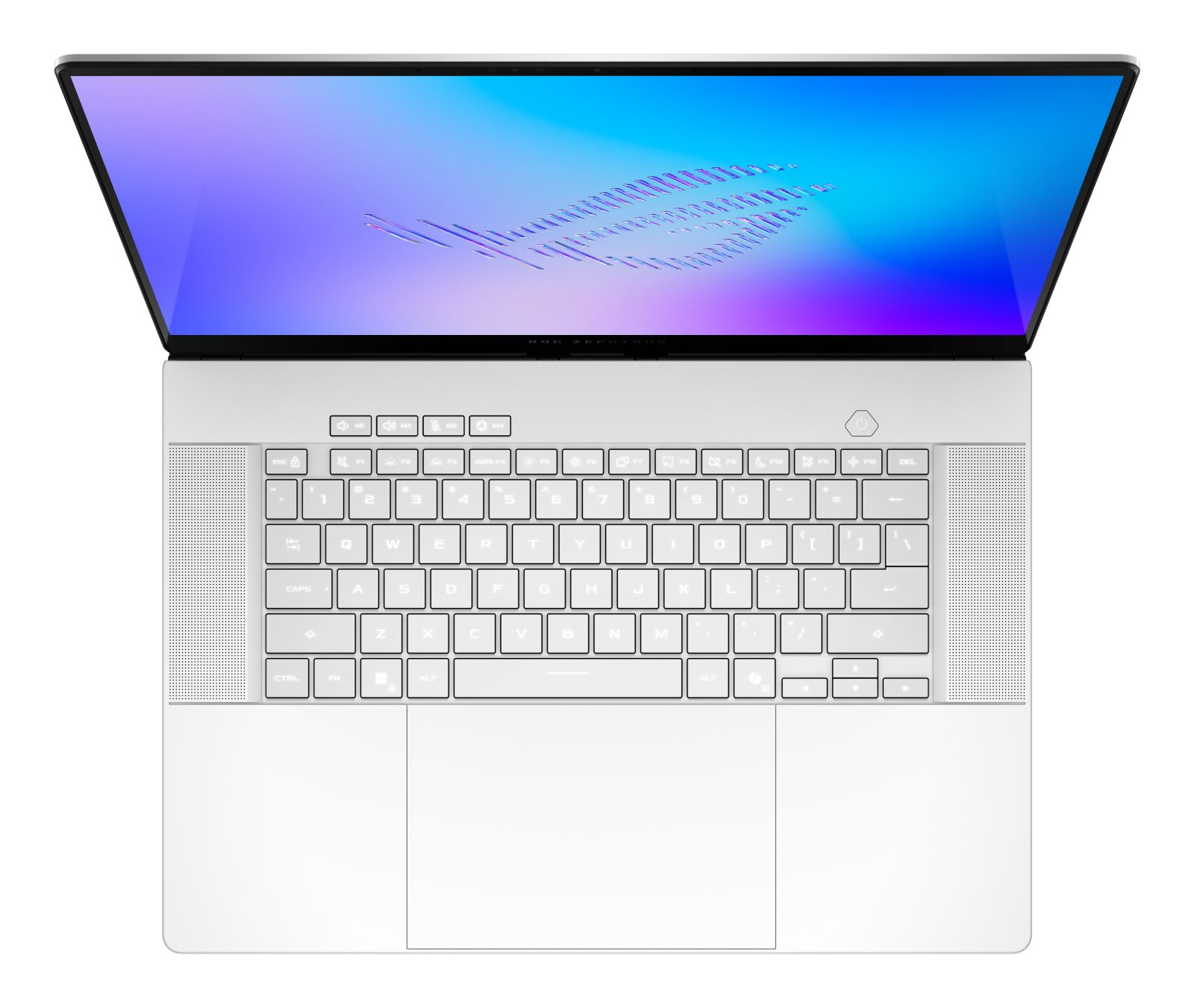 Eine Ansicht von oben auf einen silbernen Laptop mit weißer Tastatur und blau-violettem Bildschirm.