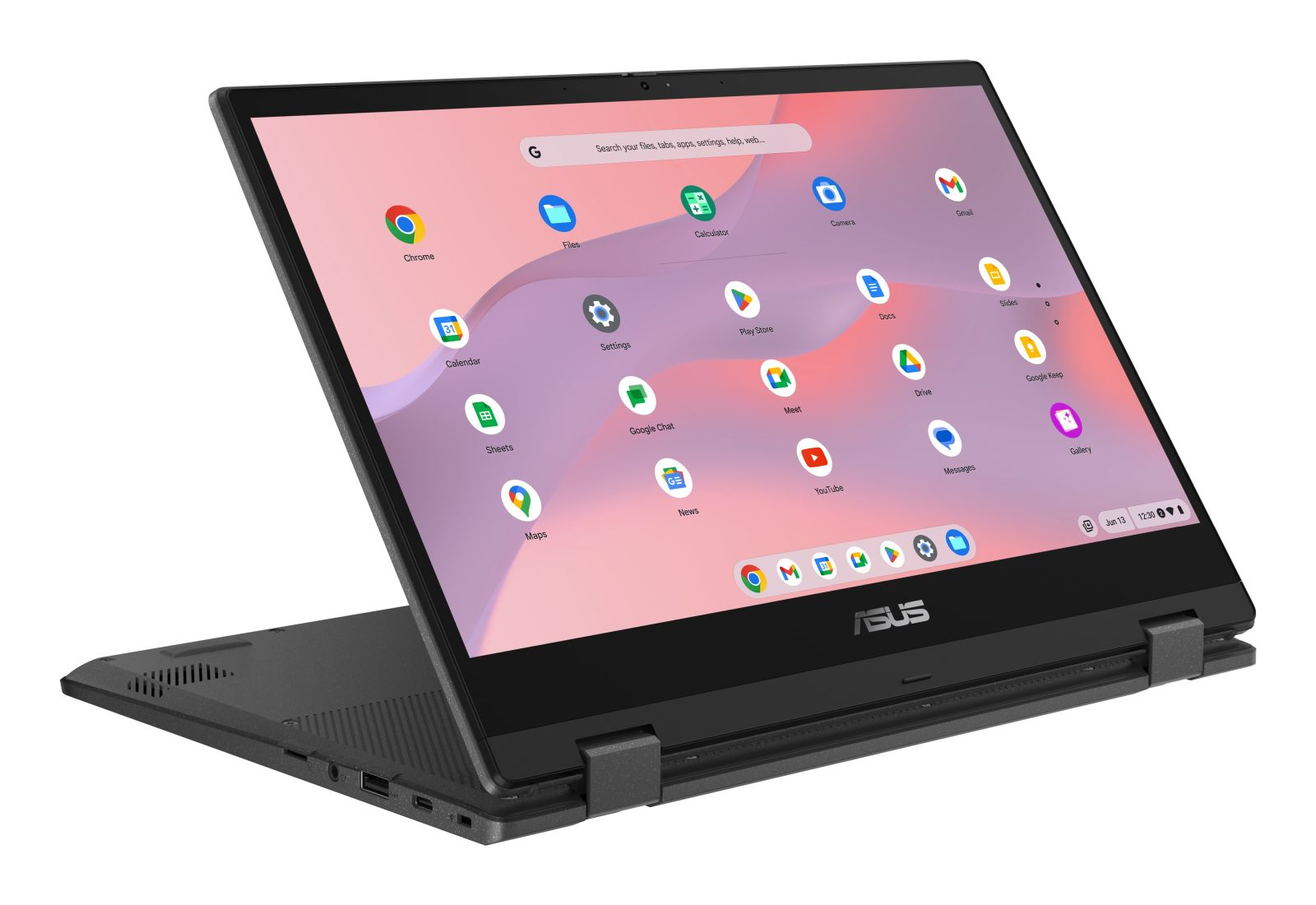 Un ordinateur portable ASUS Chromebook en mode tente affichant des applications sur fond blanc.