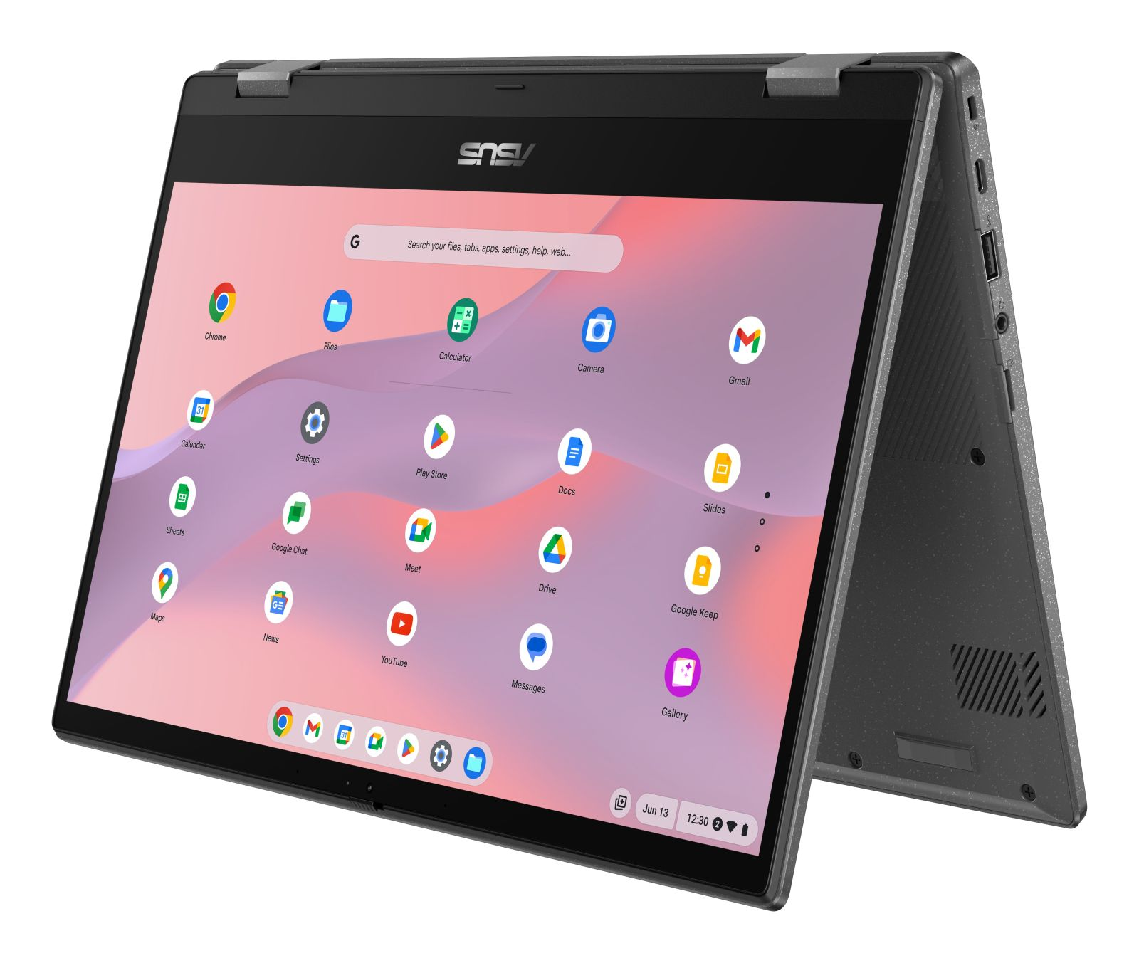 Un Chromebook ASUS en mode tente affiche des icônes d'applications colorées sur le fond.