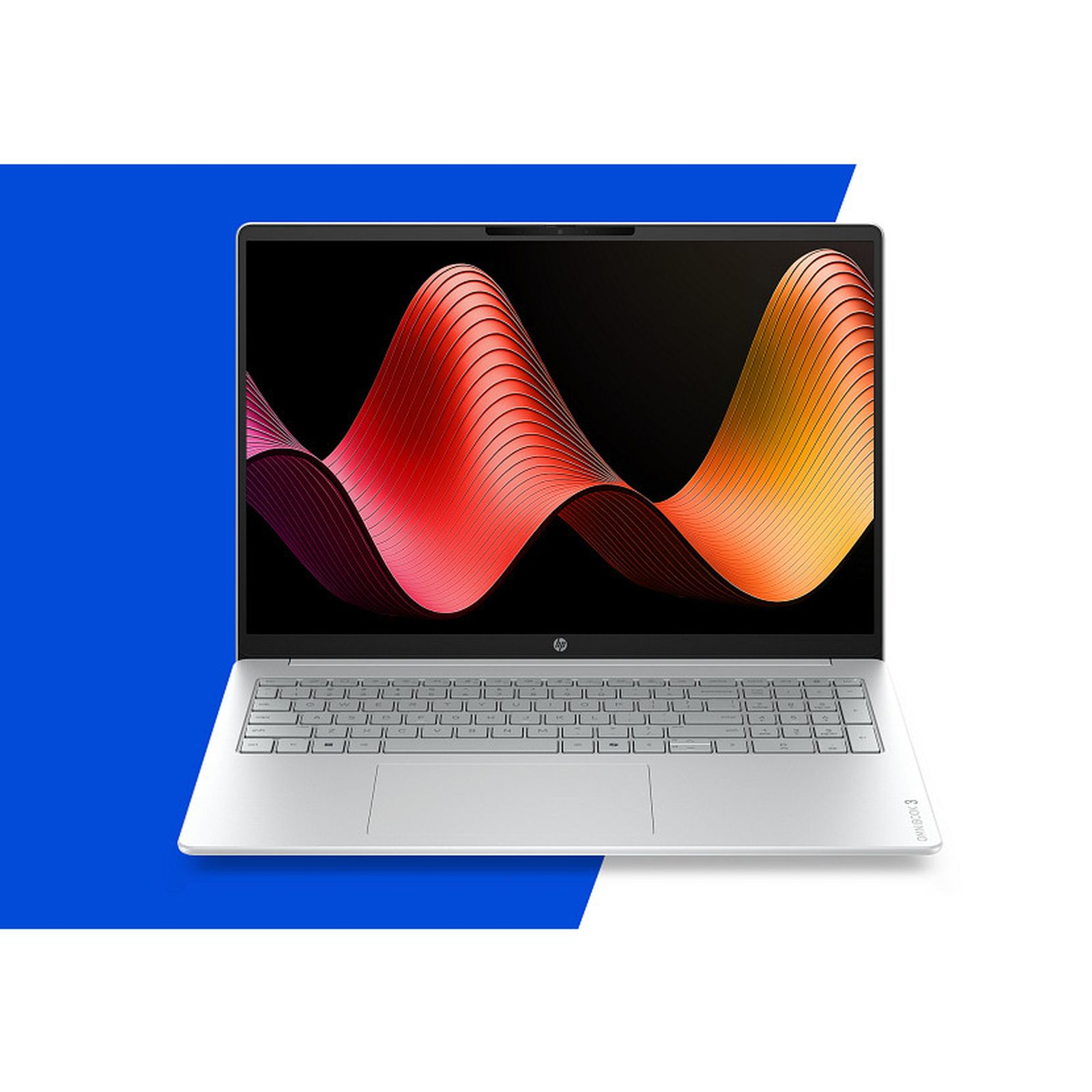 Ein silberner Laptop mit roten und gelben Wellen auf dem Bildschirm, vor einem blauen Hintergrund.