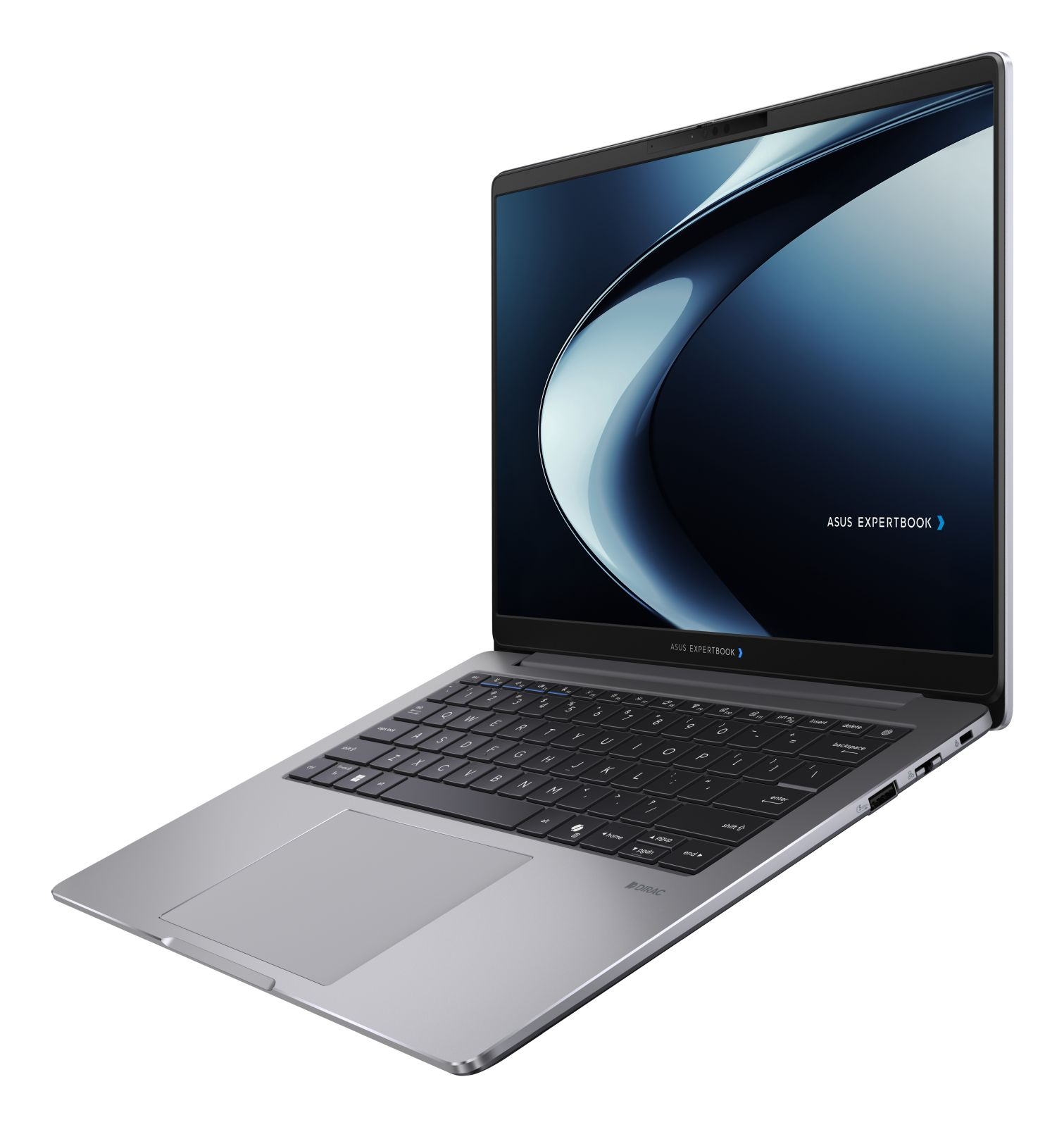 Ein geöffneter silberner Asus ExpertBook Laptop ist schräg abgebildet, mit schwarzer Tastatur und dunklem abstrakten Wallpaper.