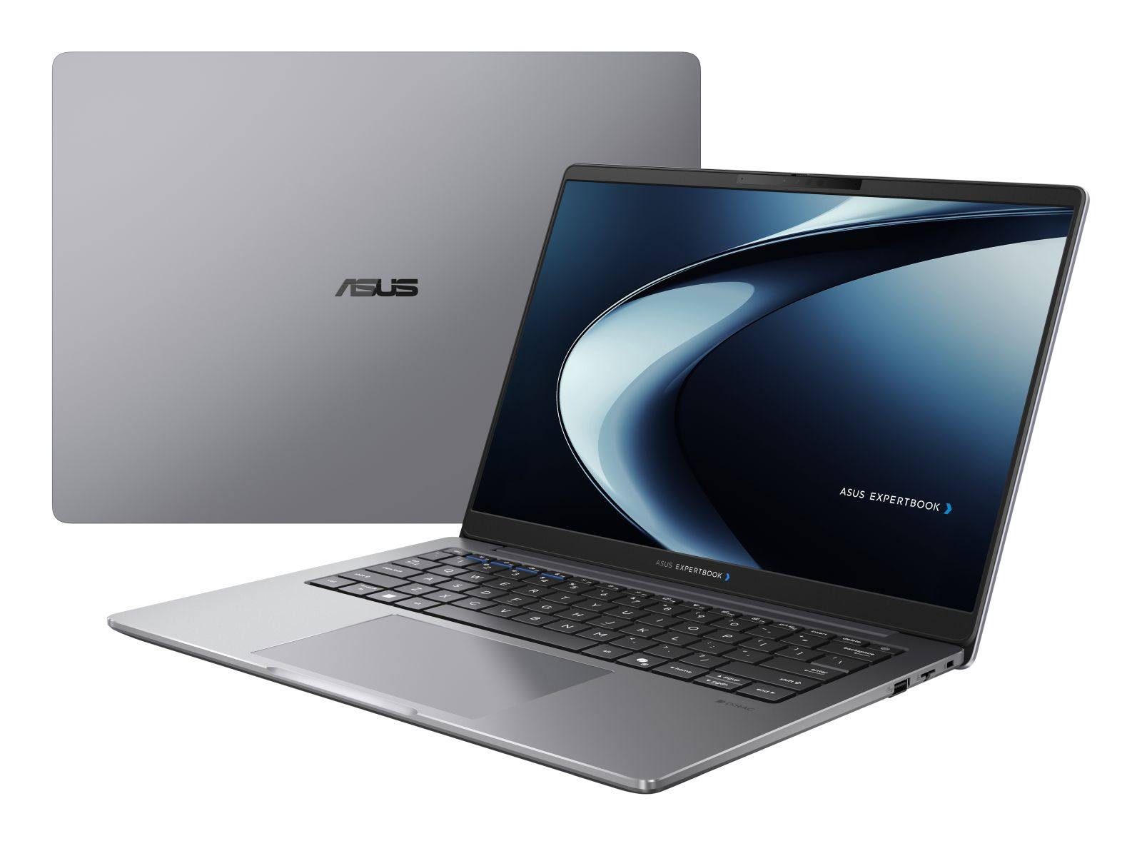 Ein offener, silberner ASUS ExpertBook Laptop und sein geschlossener Deckel mit dem ASUS-Logo vor weißem Hintergrund.