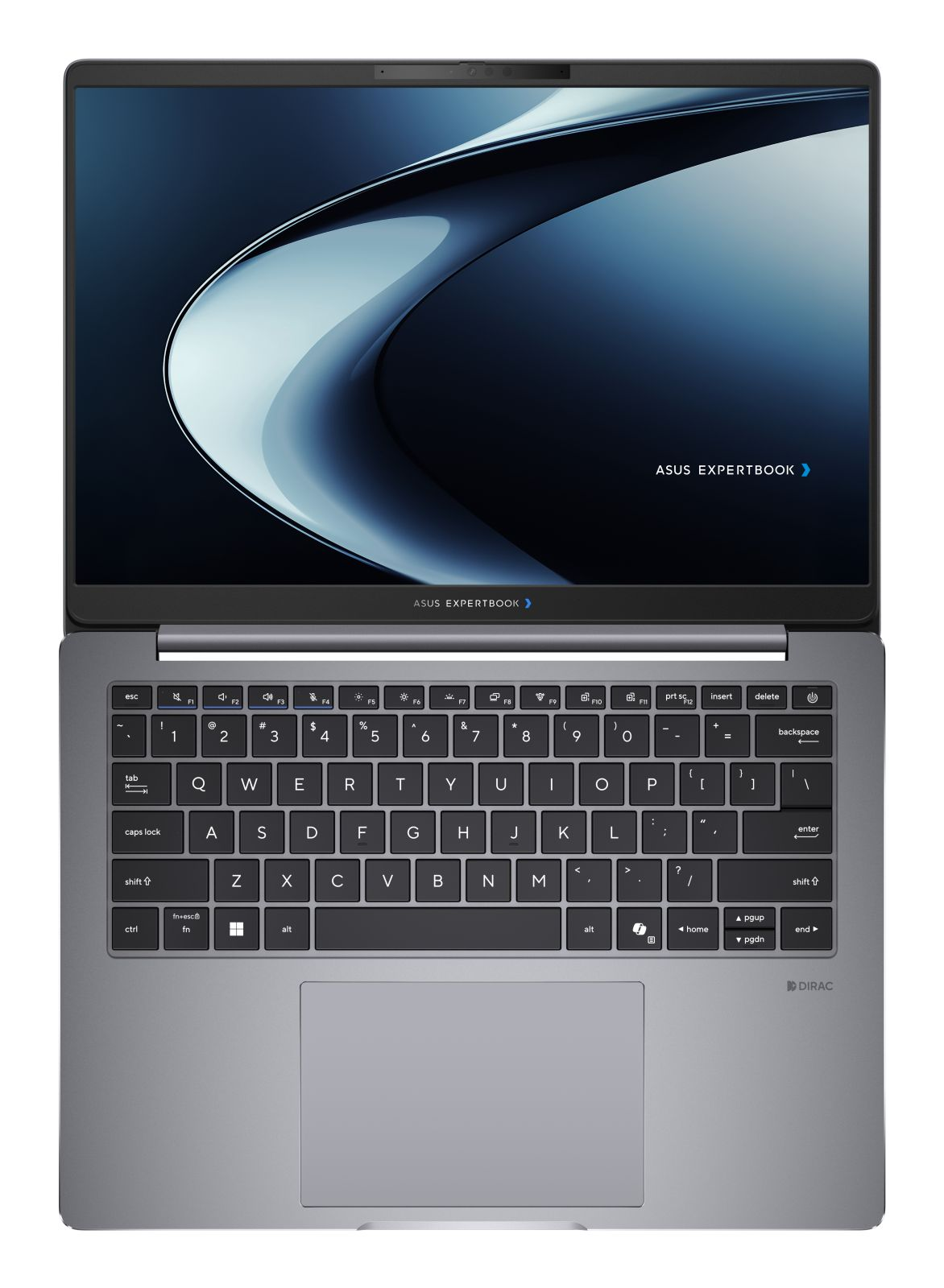 Ein offener grauer Laptop zeigt ein dunkelblaues abstraktes Hintergrundbild mit dem Text ASUS EXPERTBOOK.