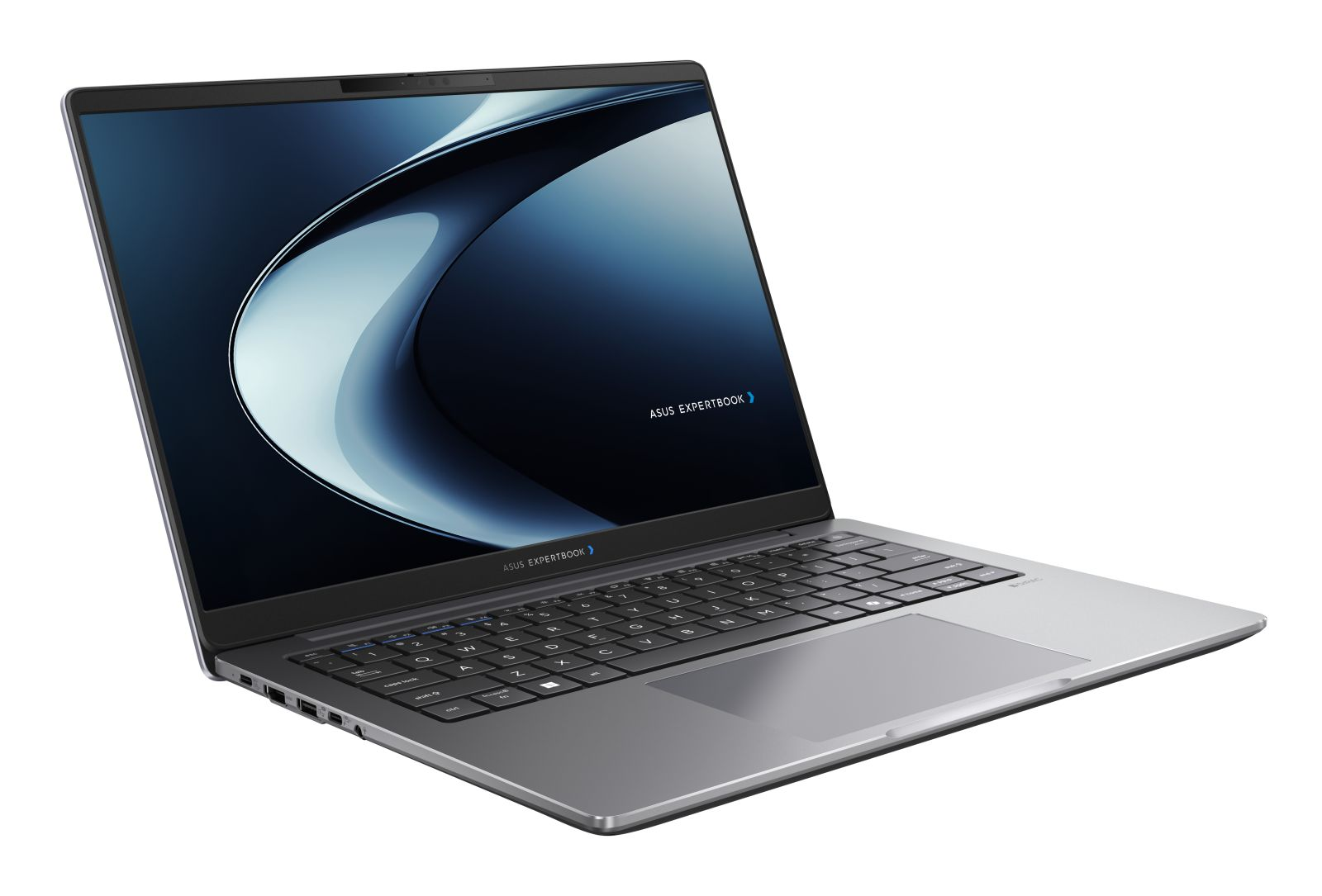 Ein silberner Asus ExpertBook Laptop steht offen auf weißem Hintergrund mit einem abstrakten Wallpaper.