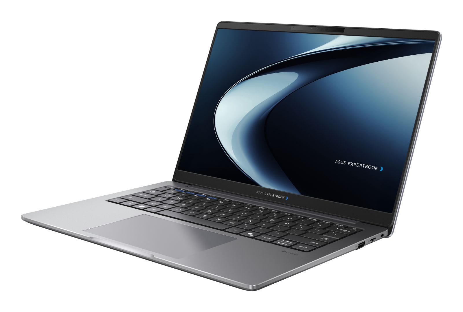 Ein silberner Asus ExpertBook Laptop ist schräg auf weißem Hintergrund abgebildet, mit einem blauen Wellenmuster auf dem Bildschirm.