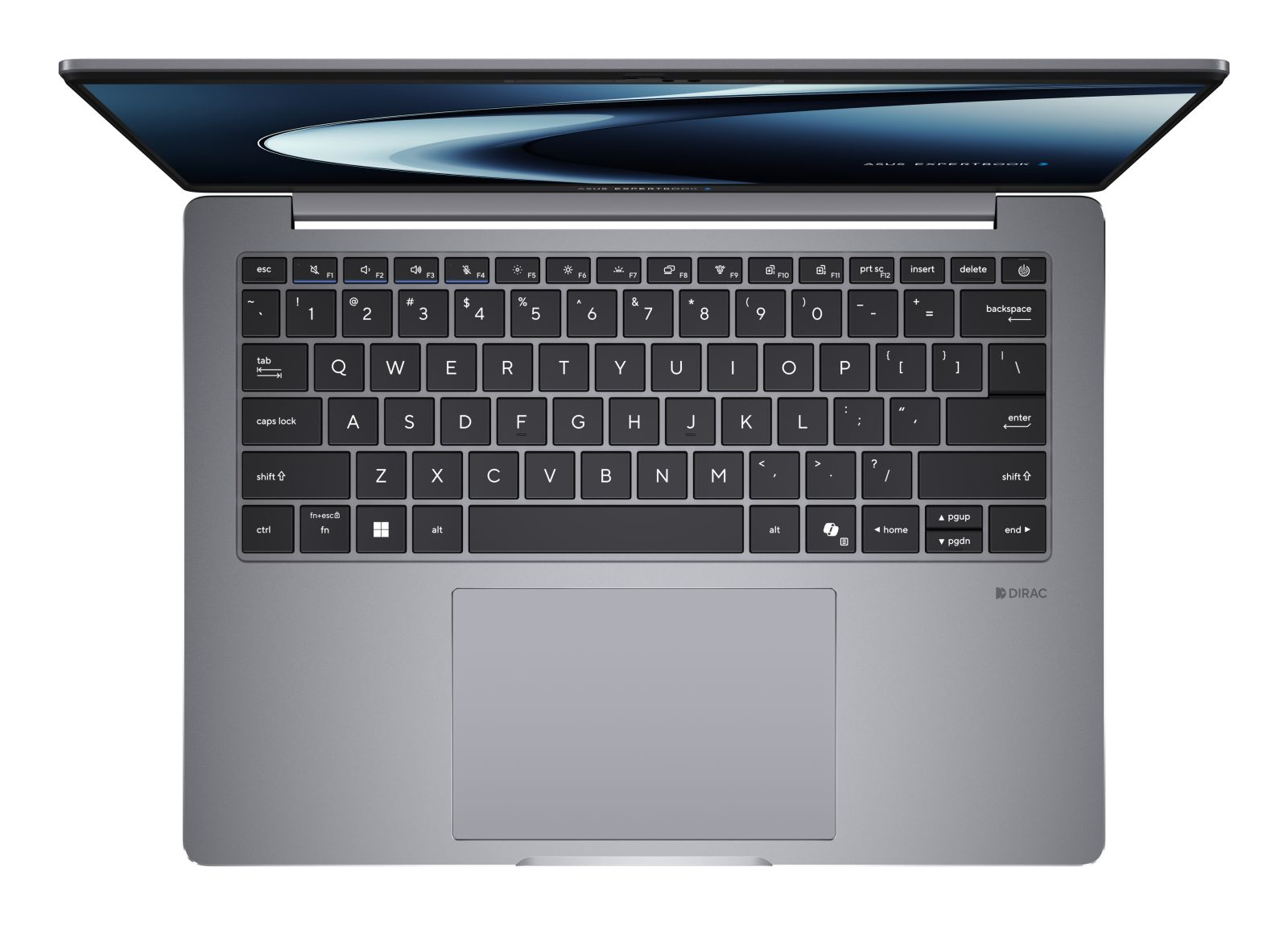 Ansicht von oben auf einen geöffneten grauen Laptop mit Tastatur, Trackpad und Bildschirm mit blauem Wellenhintergrund.
