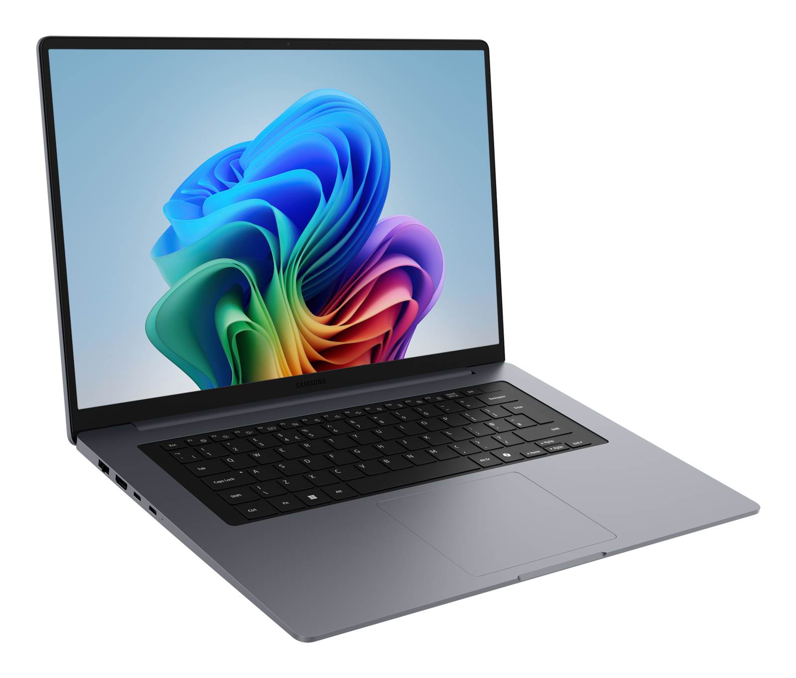 Ein grauer Laptop mit schwarzer Tastatur und einem Bildschirm, der eine farbenfrohe abstrakte Welle zeigt.