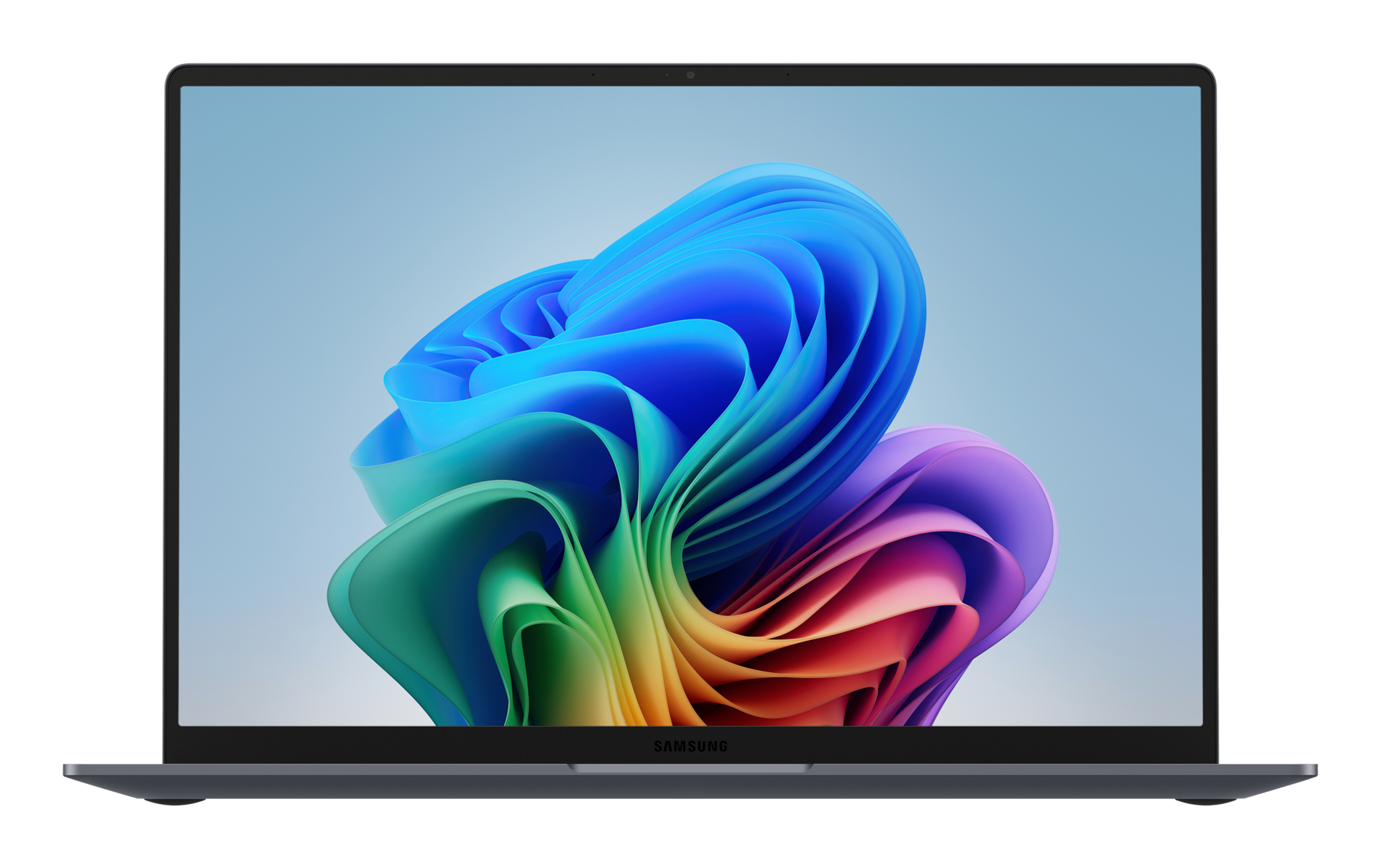 Ein Laptop mit einem großen Bildschirm und einer abstrakten, bunten FarbWelle in Blau und Grün als Hintergrund.