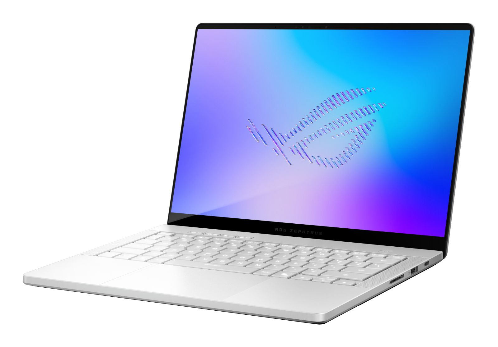 Ein weißer ROG Zephyrus Laptop mit blau-violettem Bildschirm und weißer Tastatur auf hellem Hintergrund.