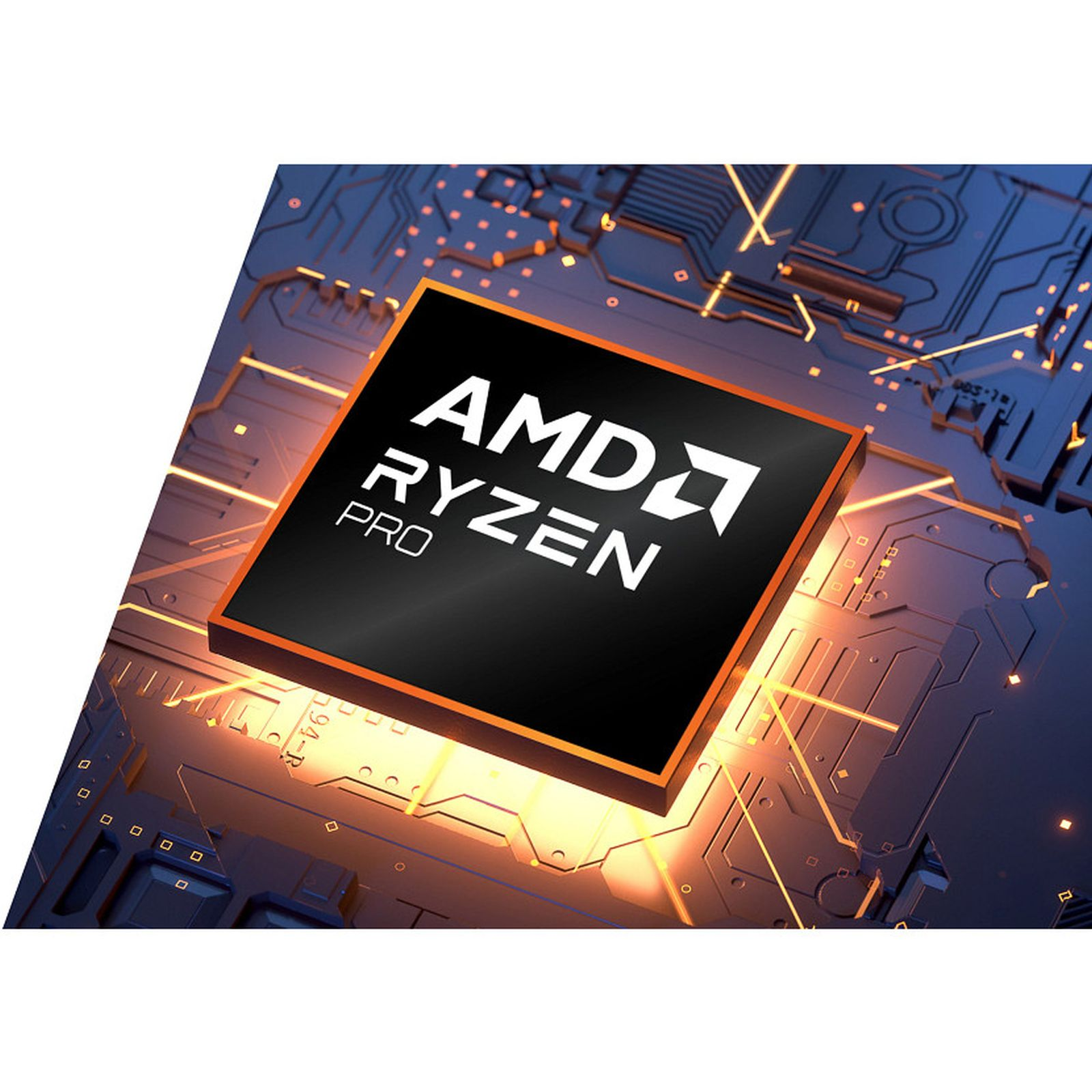 Ein AMD Ryzen Pro Prozessor sitzt auf einer leuchtenden blauen Hauptplatine mit orangefarbenen Lichteffekten.