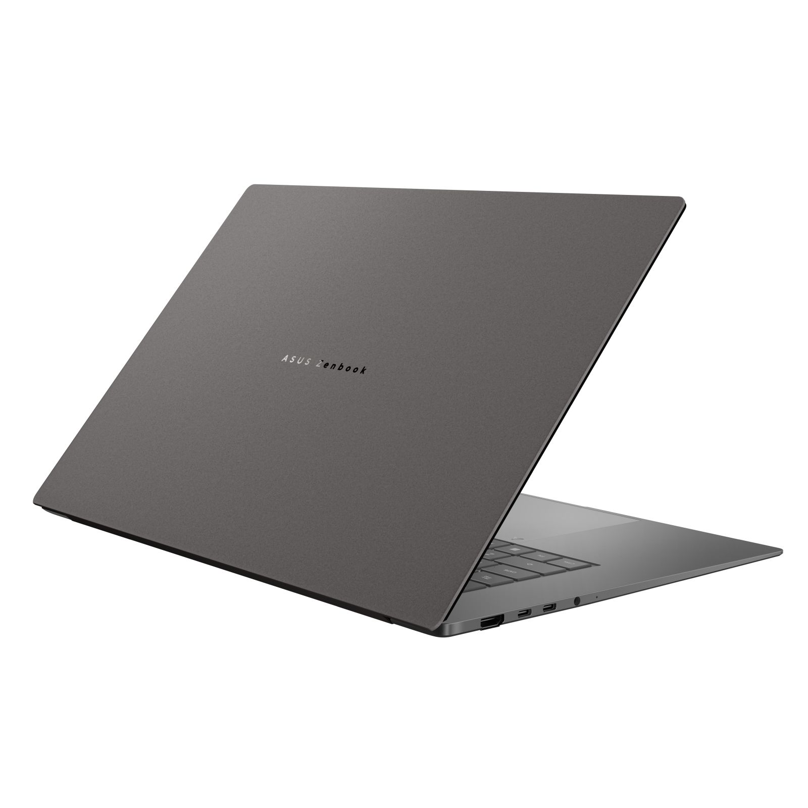 Ein geschlossener grauer ASUS Zenbook Laptop auf weißem Hintergrund.