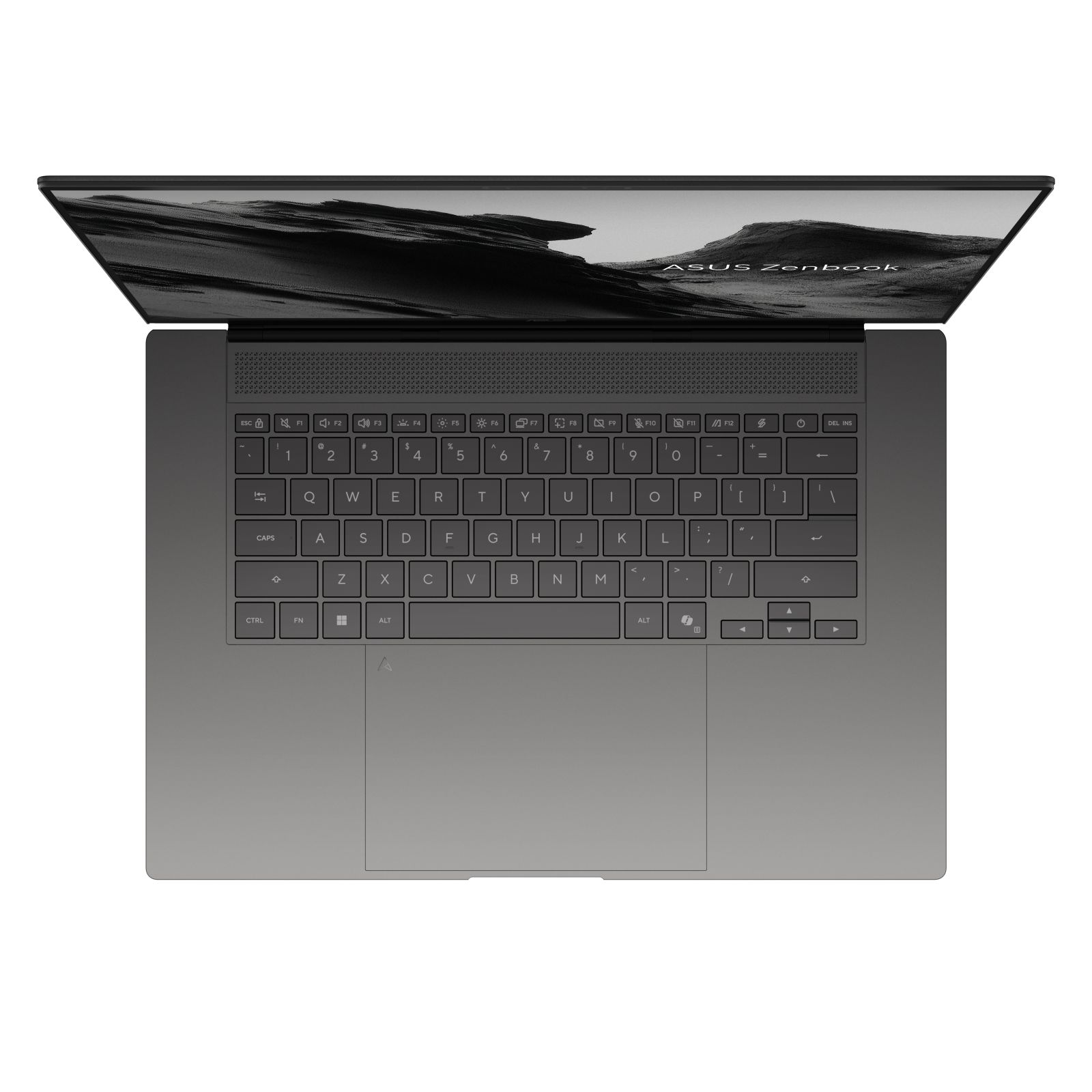 Draufsicht auf ein graues Asus Zenbook Notebook mit beleuchteter Tastatur und schwarz-weißem Bildschirm.