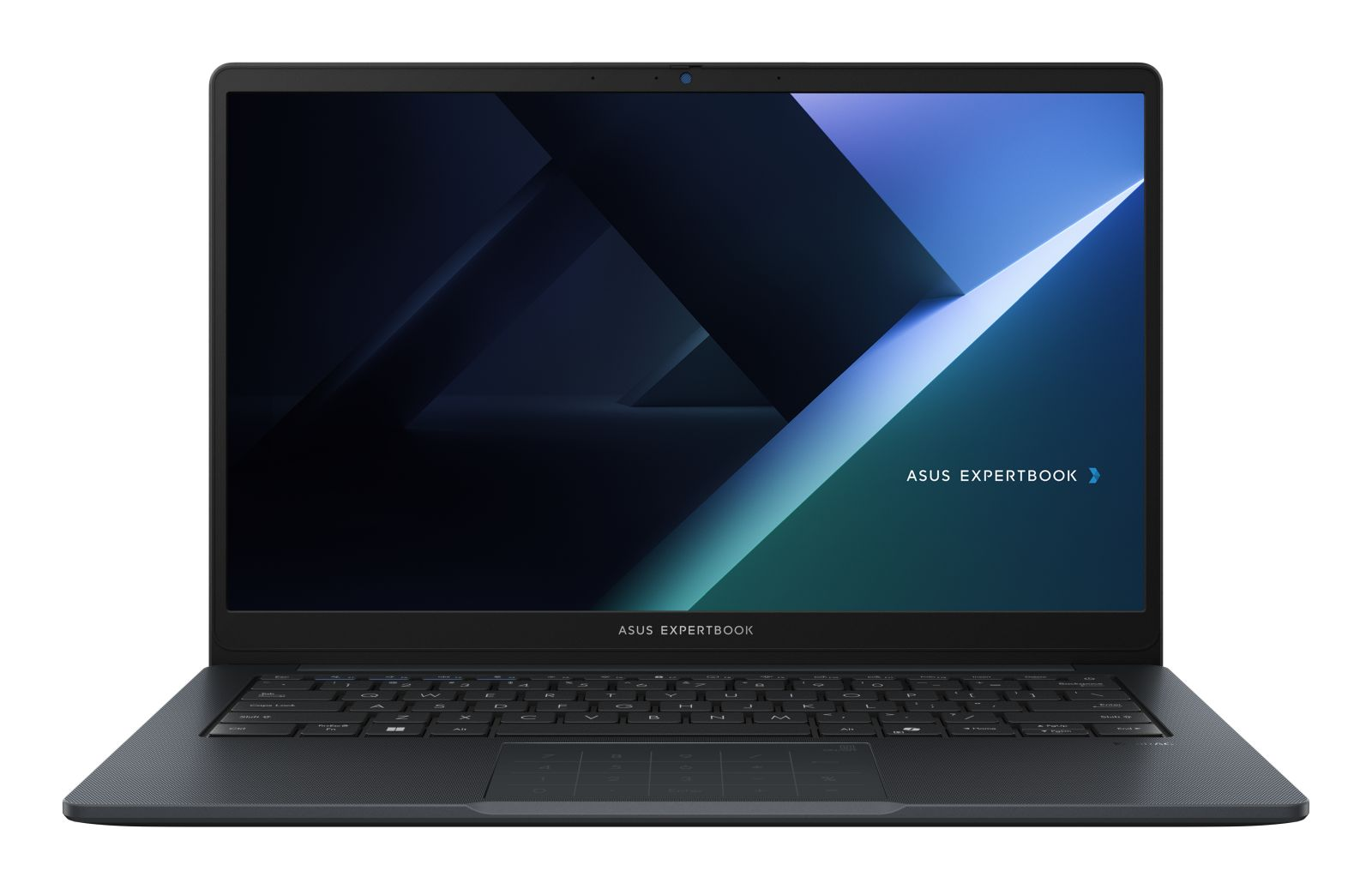 Ein schwarzer ASUS ExpertBook Laptop auf weißem Hintergrund mit einem blauen abstrakten Hintergrundbild.