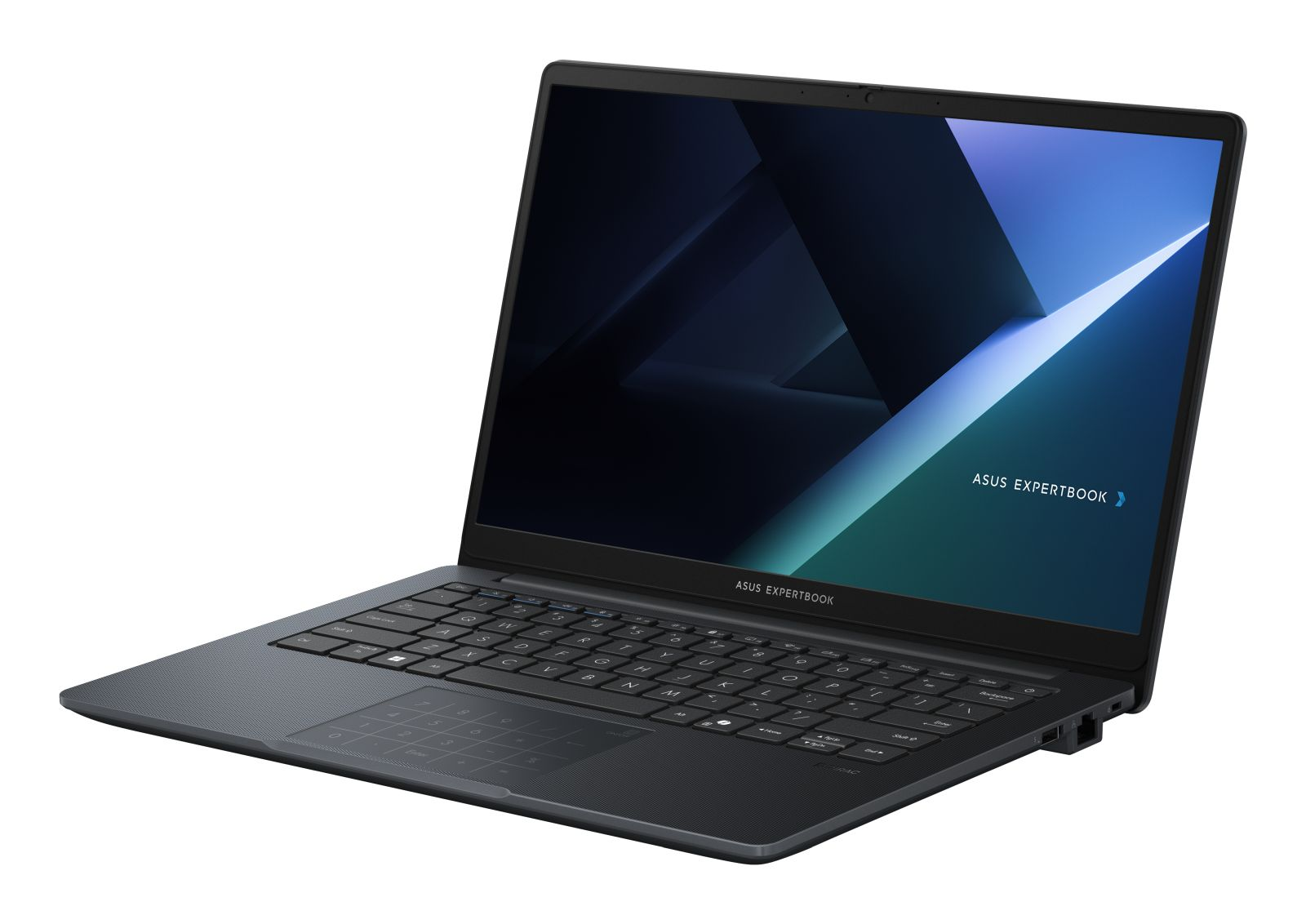 Ein offener, dunkelgrauer Asus ExpertBook Laptop auf weißem Hintergrund, leicht nach rechts geneigt.