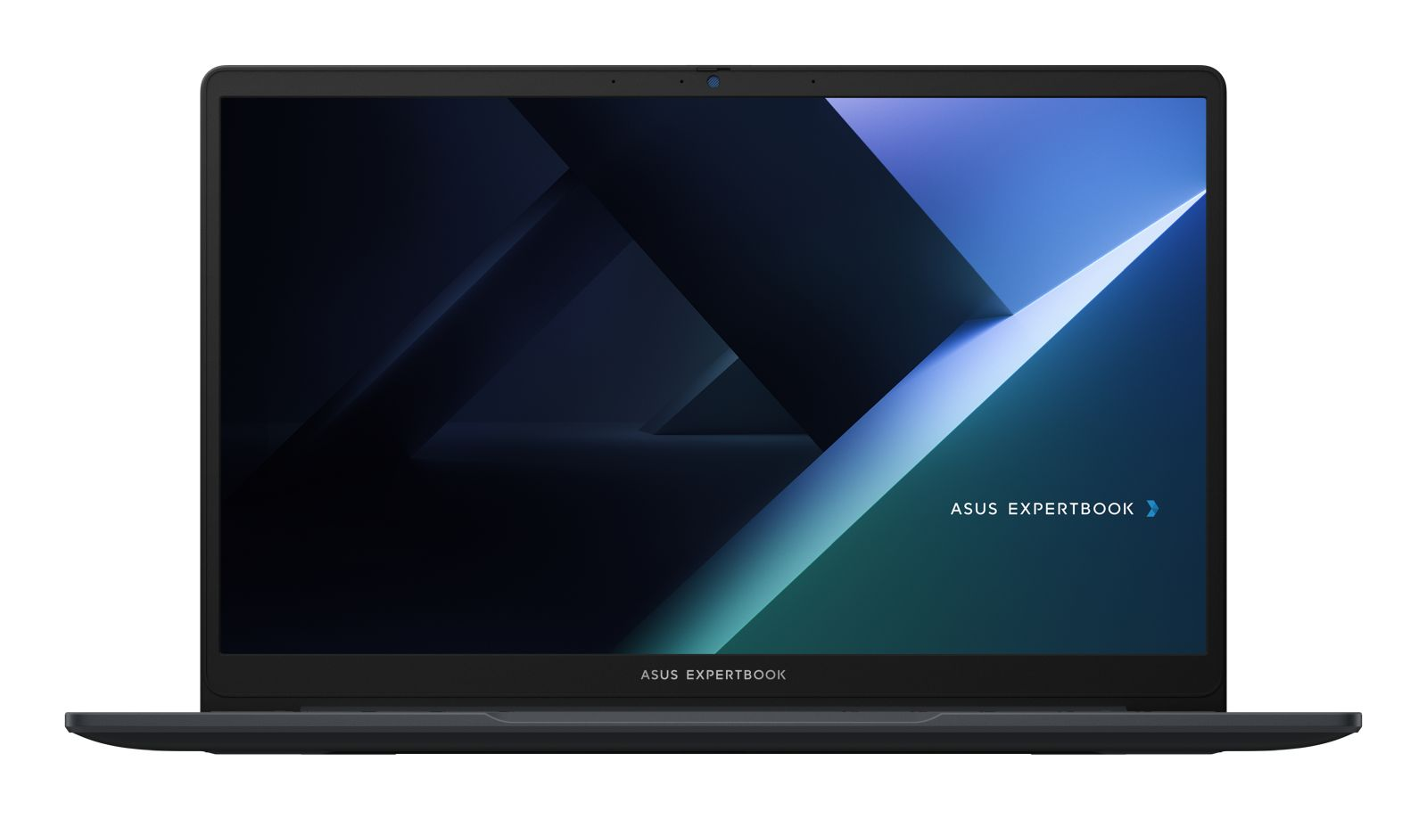 Ein schwarzer Asus ExpertBook Laptop mit blauem Bildschirminhalt vor weißem Hintergrund.