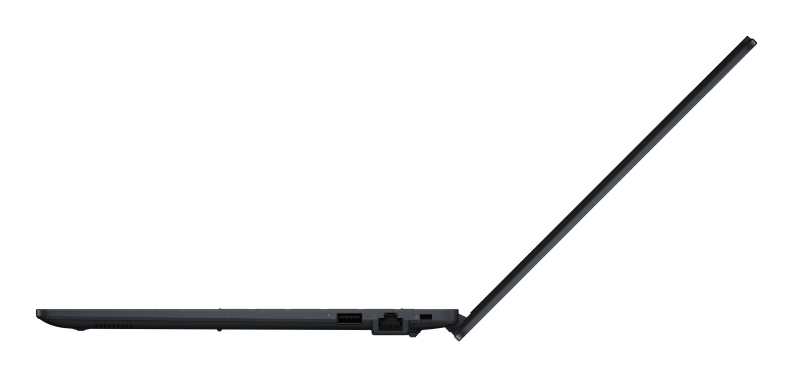 Seitenansicht eines schwarzen Laptops mit sichtbaren Anschlüssen.