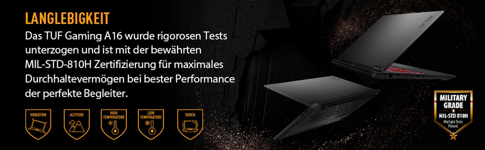 Das Bild zeigt das robuste TUF Gaming A16 Notebook mit Militärstandard-Zertifizierung und Icons für Umwelttests.