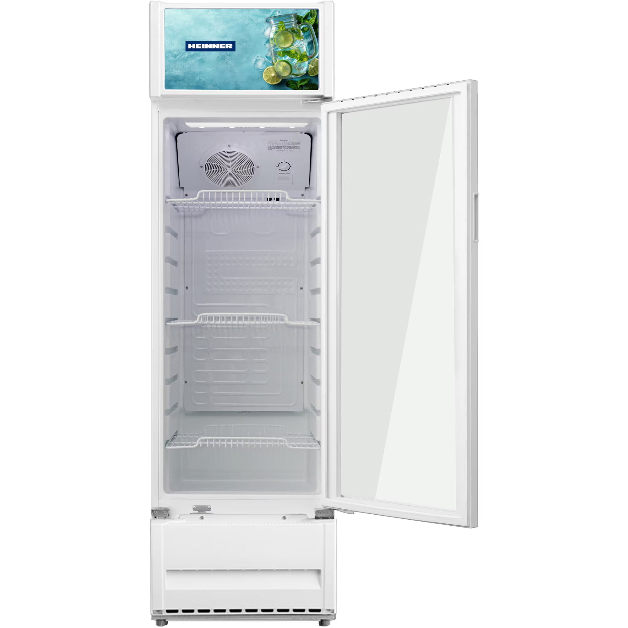 White Heinner beverage cooler with an open glass door and illuminated top display.