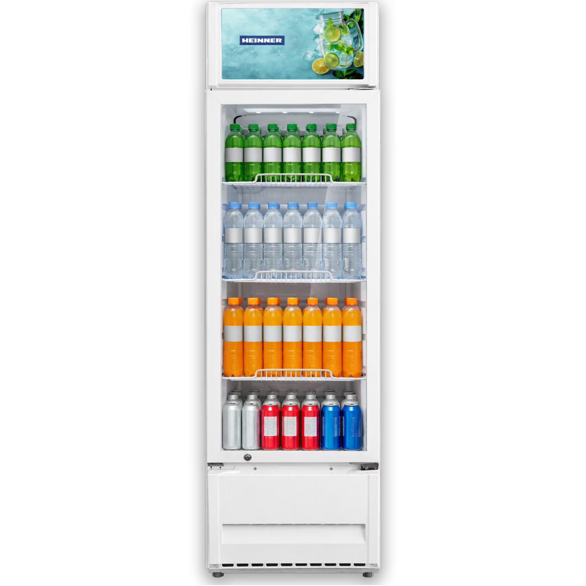 A white glass-door beverage cooler stocked with green, clear, orange bottles and soda cans.