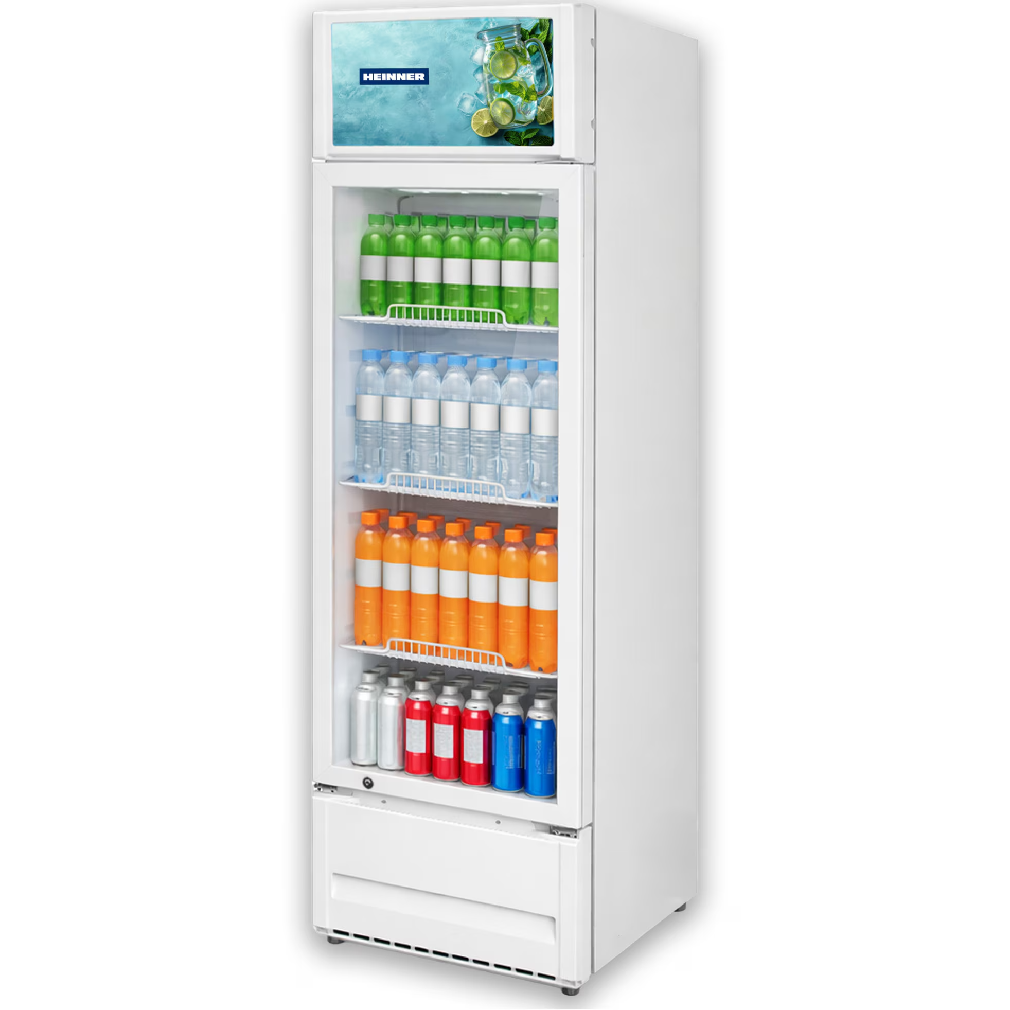 A white glass-door refrigerator filled with green, blue, orange, and metallic bottles on shelves against a white background.