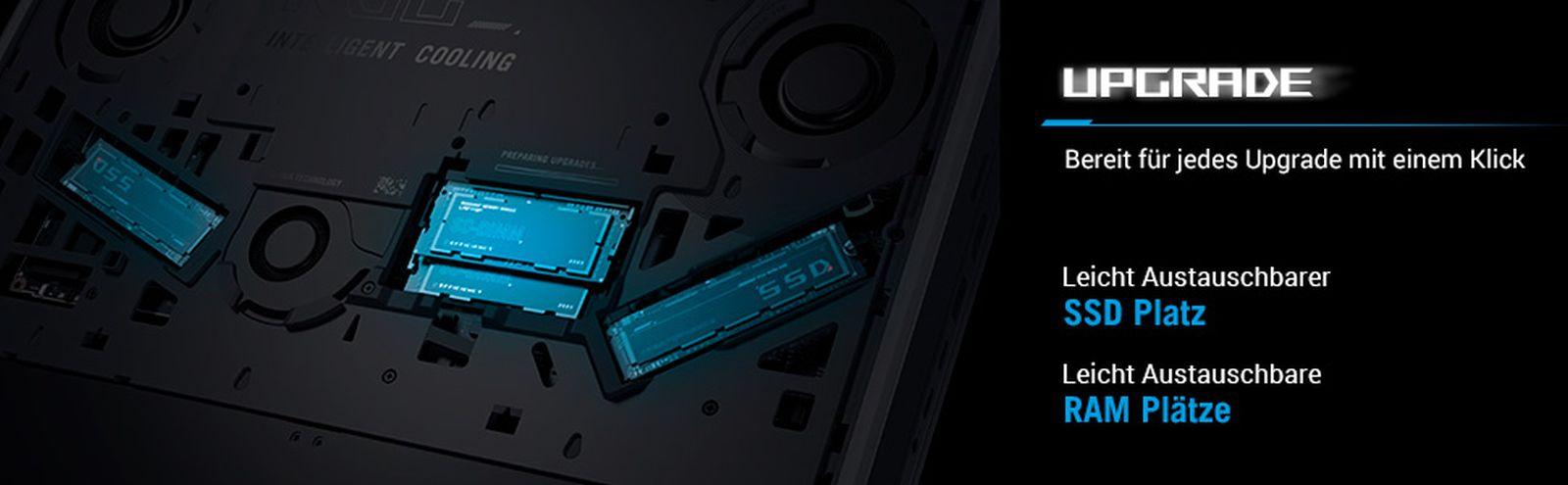 Wnętrze laptopa z łatwo wymienialnymi gniazdami SSD i RAM.