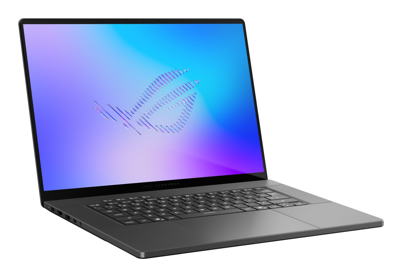 Ein schwarzes Laptop mit einem blauem Farbverlauf-Bildschirm und leuchtendem Logo steht auf weißem Hintergrund.
