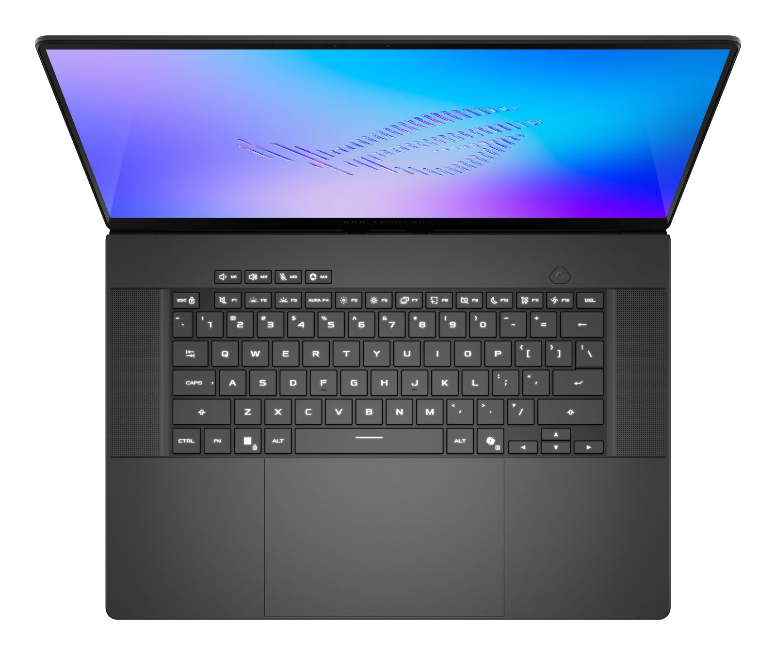 Ansicht von oben eines schwarzen Laptops mit beleuchtetem blauen und violetten Bildschirm sowie beleuchteter Tastatur.