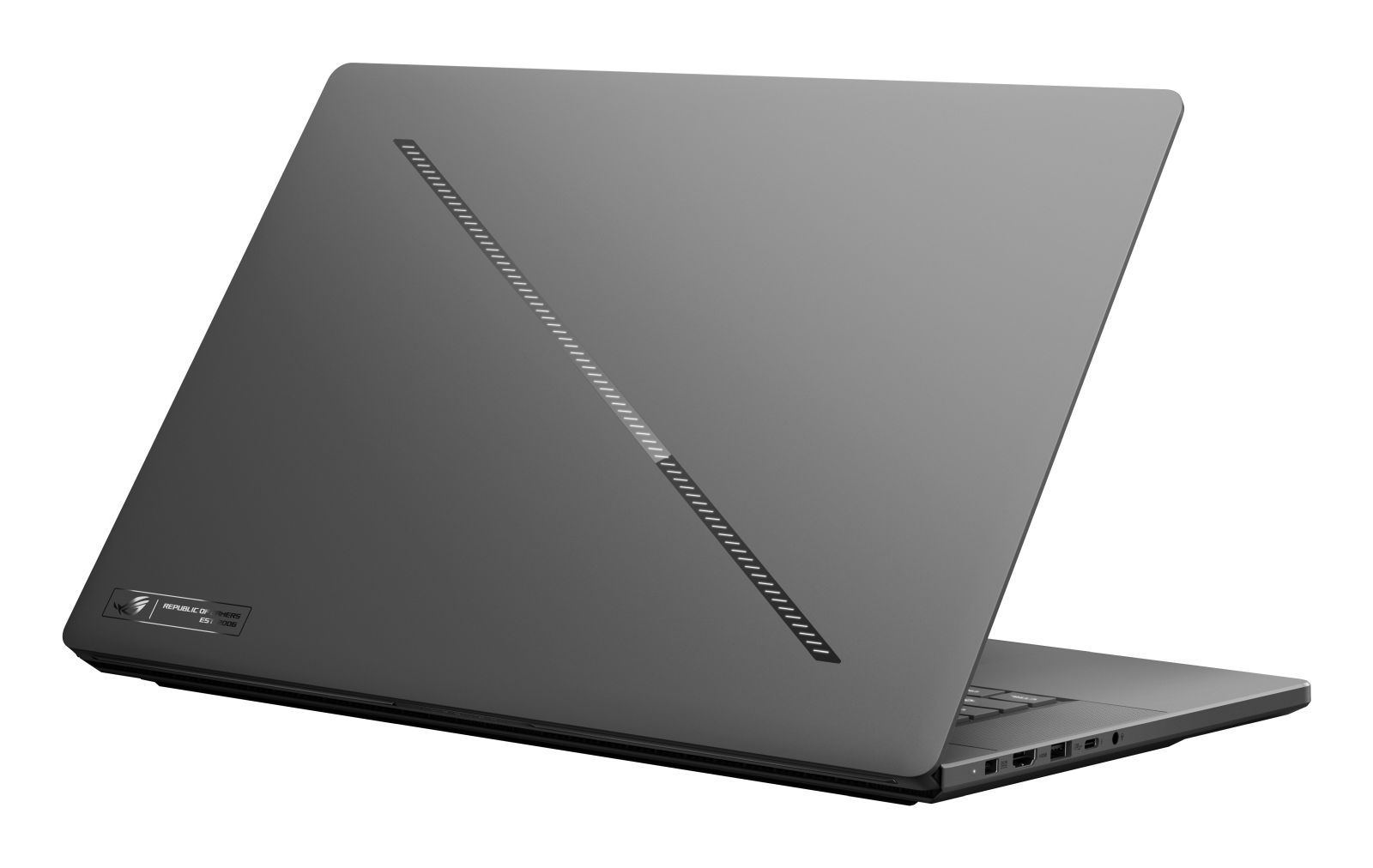 Ein grauer Laptop mit geschlossenem Bildschirm auf weißem Hintergrund und einer diagonalen LED-Leiste.