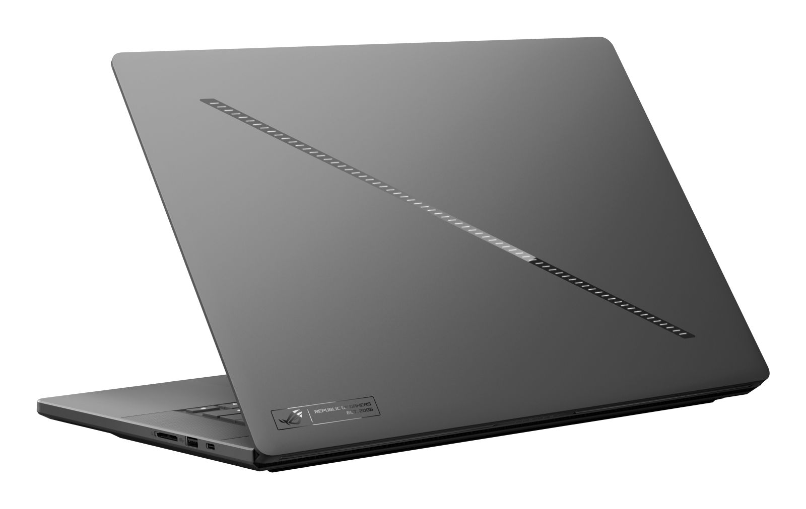 Grauer Gaming-Laptop mit diagonaler LED-Leiste auf dem Deckel und ROG-Logo auf weißem Hintergrund.