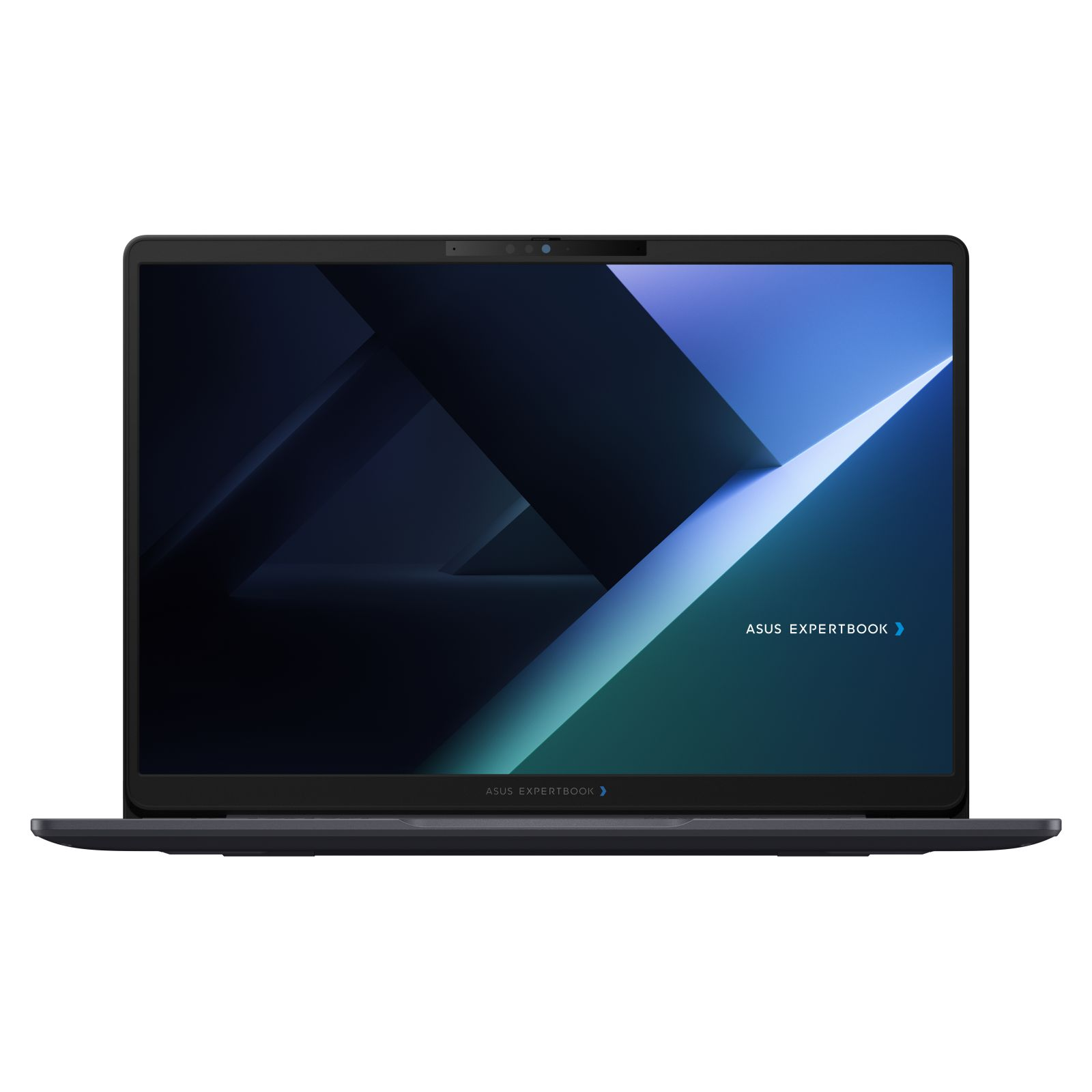 Ein Asus ExpertBook Laptop wird von vorne vor einem weißen Hintergrund gezeigt, mit einem abstrakten Hintergrundbild.