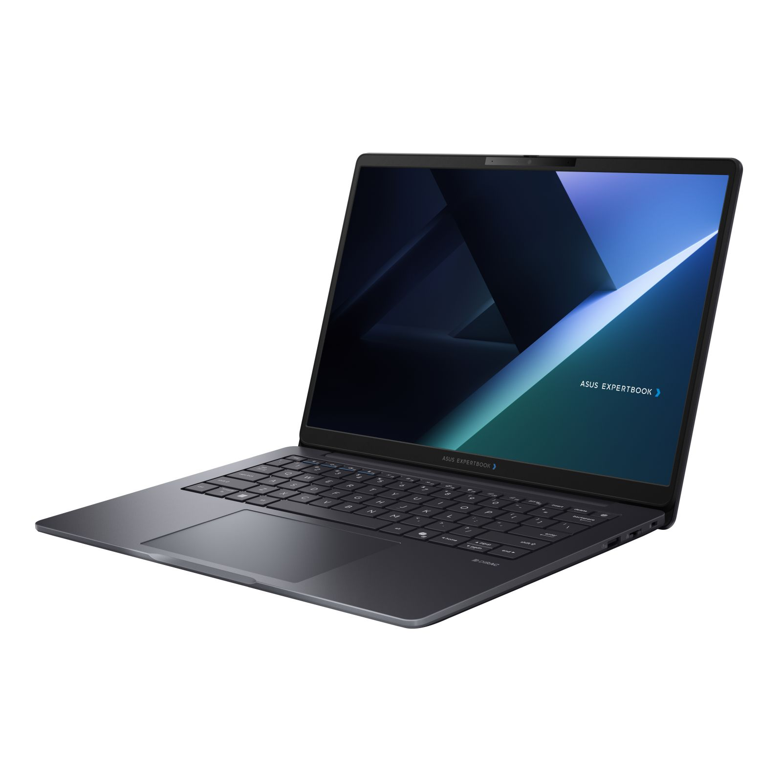 Ein grauer Asus ExpertBook Laptop steht offen auf weißem Hintergrund mit einem blauen Bildschirmpapier.
