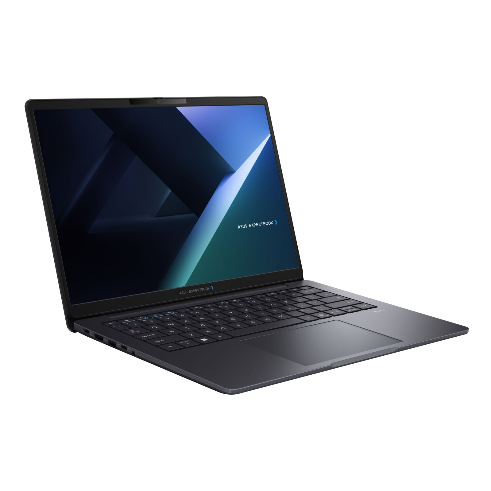 Ein elegantes dunkelgraues Asus ExpertBook Laptop steht geöffnet auf weißer Oberfläche mit blauem abstrakten Hintergrund.