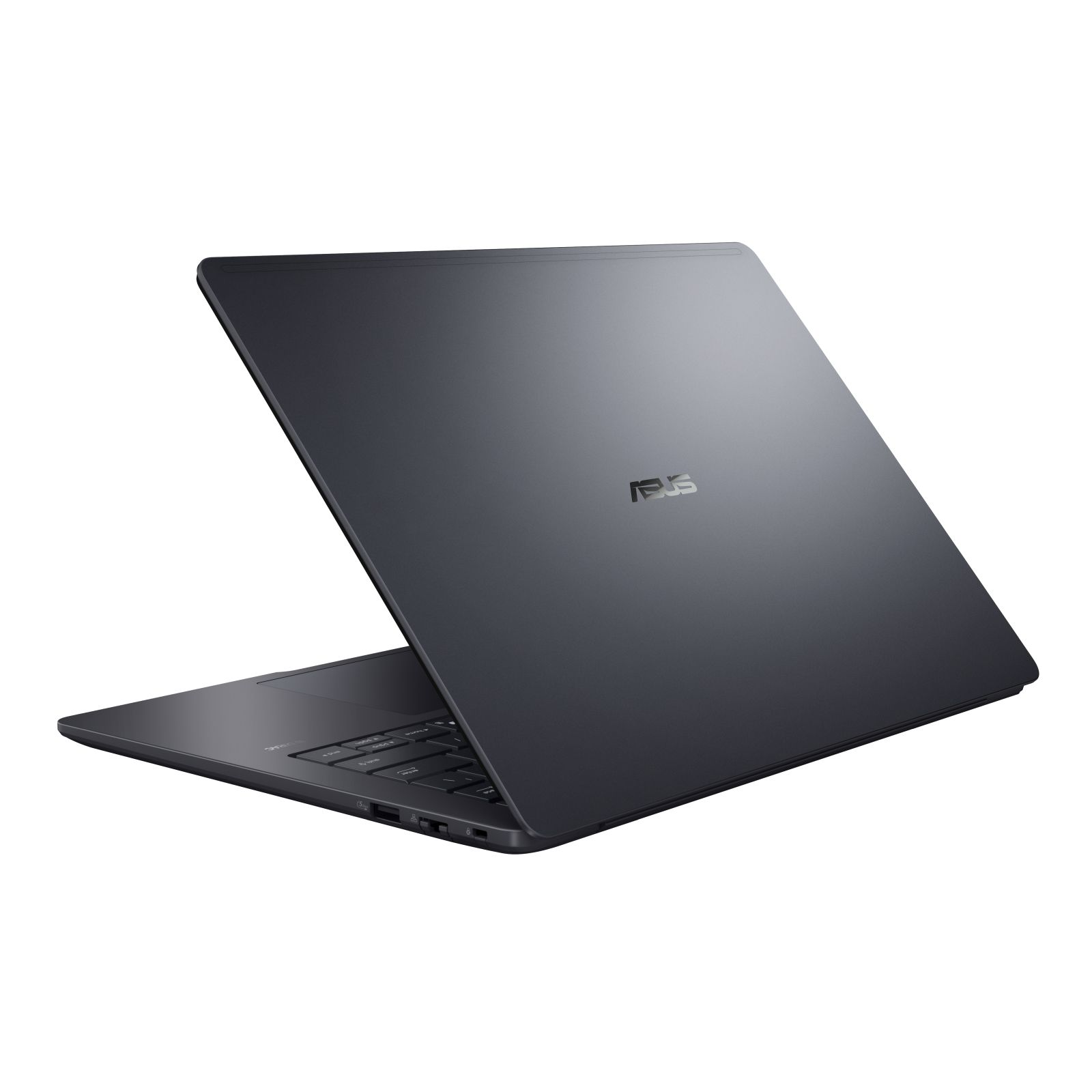 Ein schlanker, grauer ASUS-Laptop steht auf einer weißen Oberfläche, die geschlossene Abdeckung zeigt das ASUS-Logo.