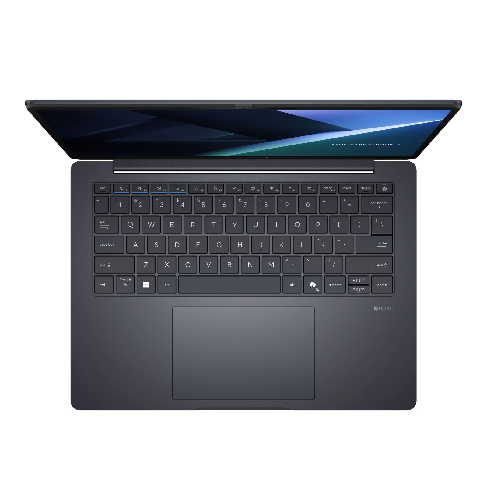 Draufsicht auf einen schwarzen Laptop mit geöffnetem Bildschirm und beleuchteter QWERTY-Tastatur auf weißem Hintergrund.