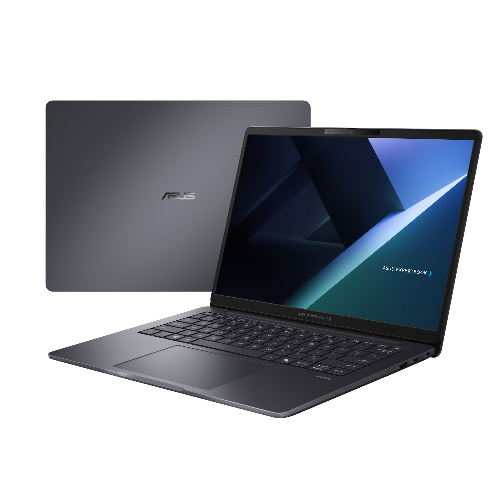 Ein grauer ASUS ExpertBook Laptop, einmal offen mit Bildschirm und Tastatur und einmal zugeklappt mit Logo.