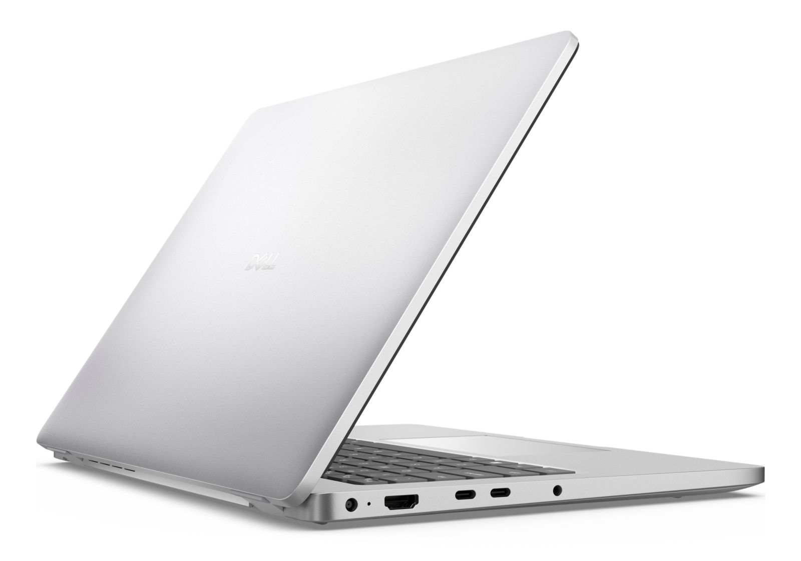 Ein silberner Dell Laptop steht auf weißem Grund, gezeigt von hinten mit Blick auf die Anschlüsse.